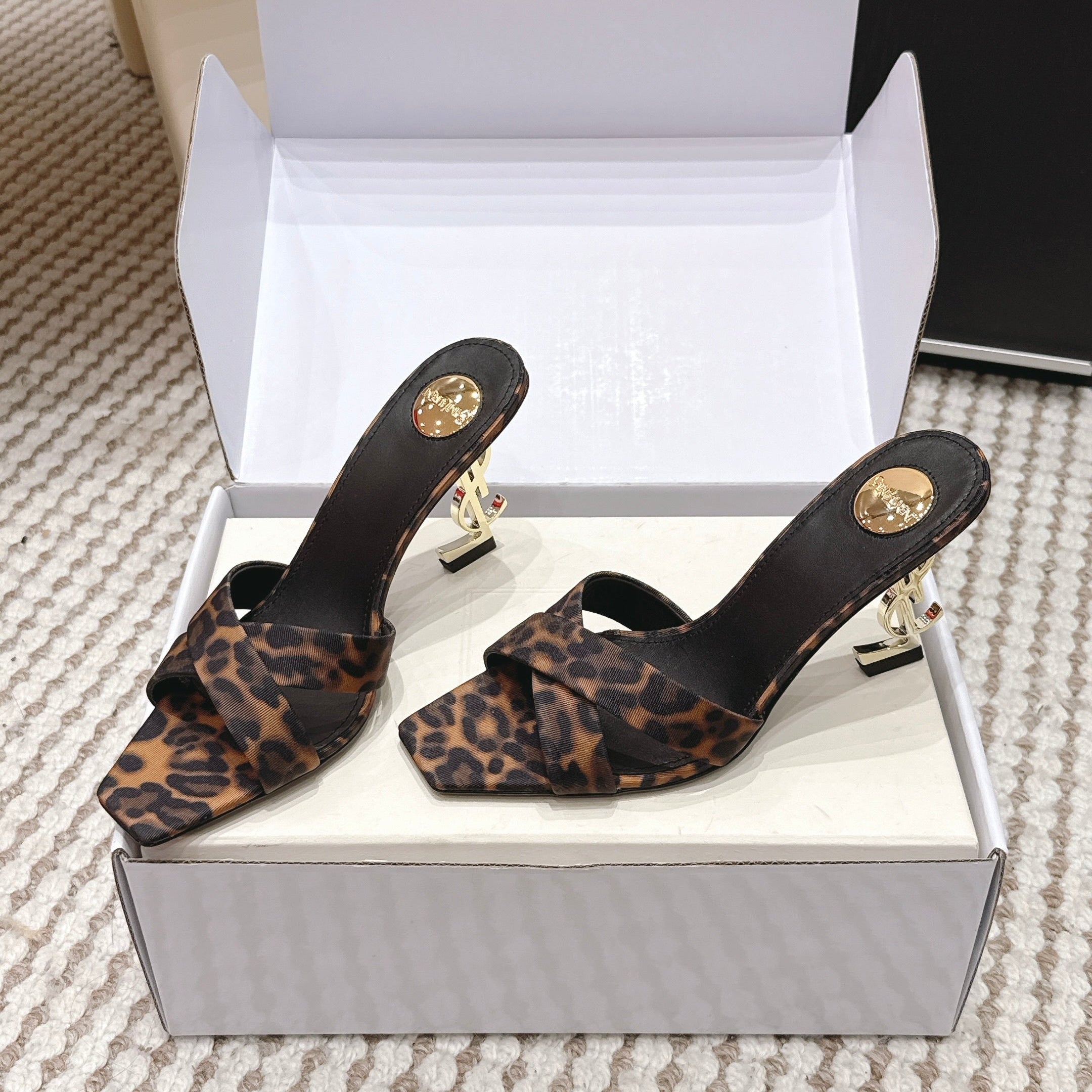 YSL 26ss High-Heeled Mules 85 Leopard Print Fabric Leather 660675