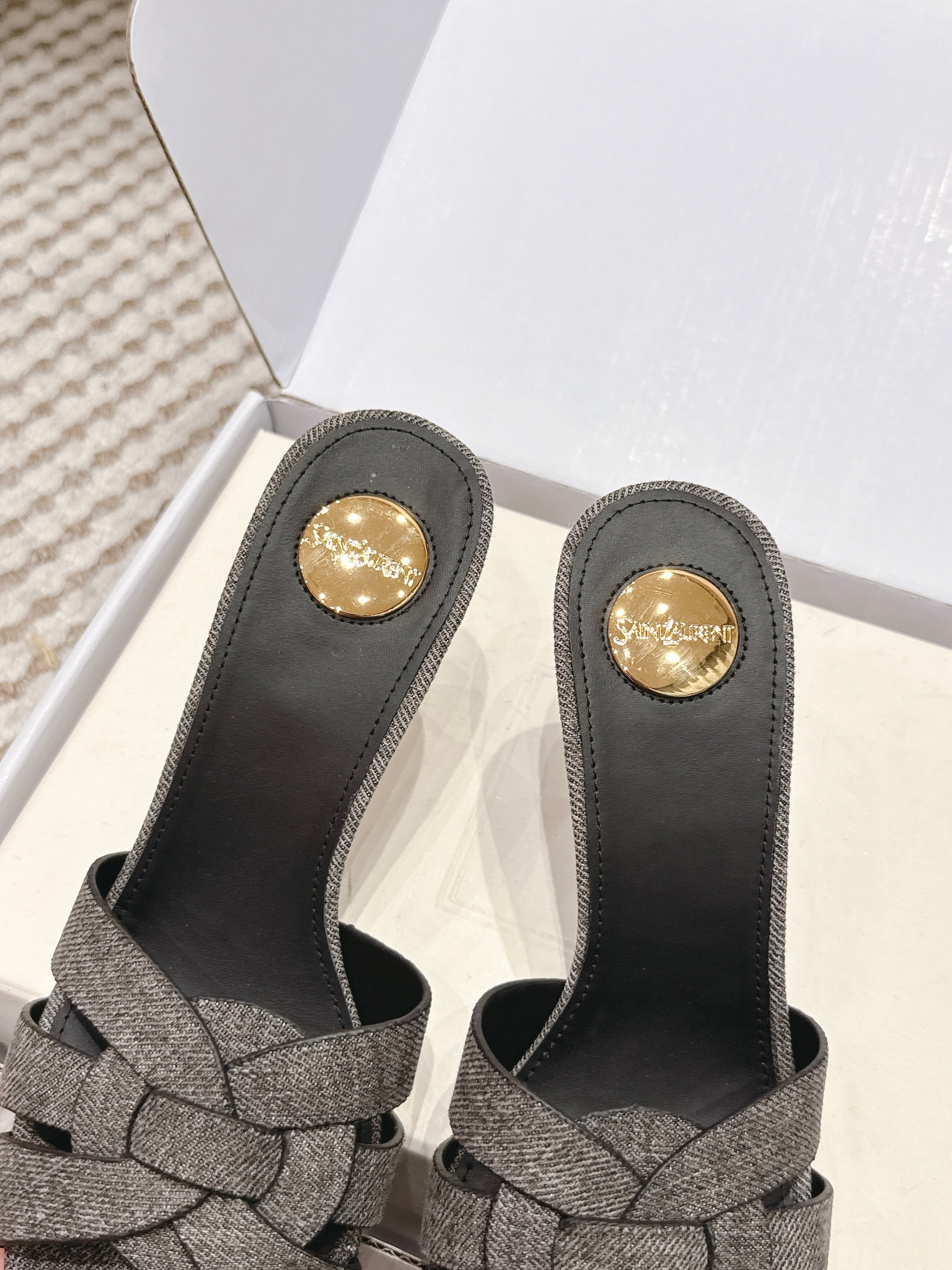 YSL 26ss High-Heeled Slippers 75  Dark Gray Canvas Calfskin 654748