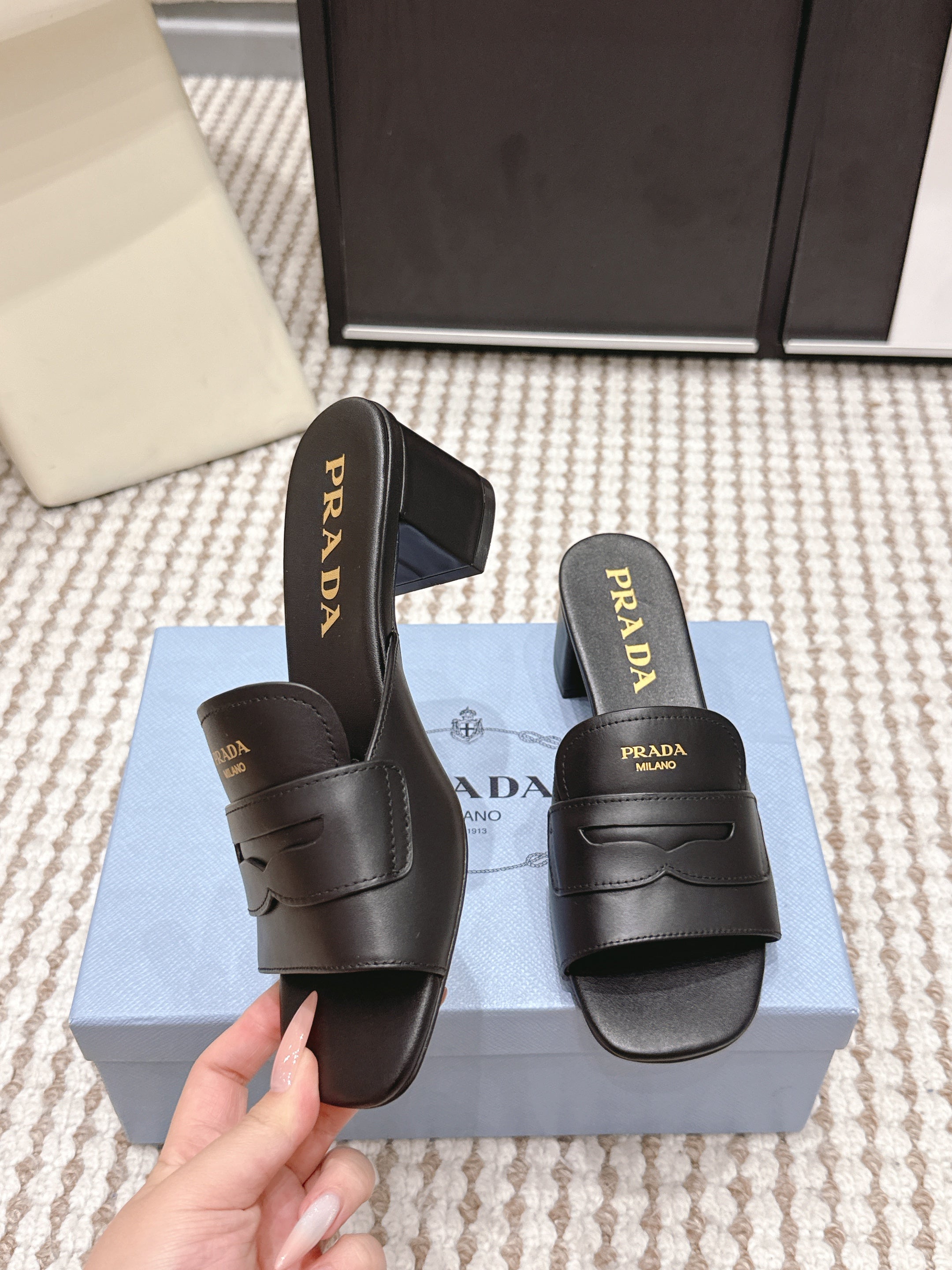 PRA 2026S High Heel Slippers 55 Black Leather  658335