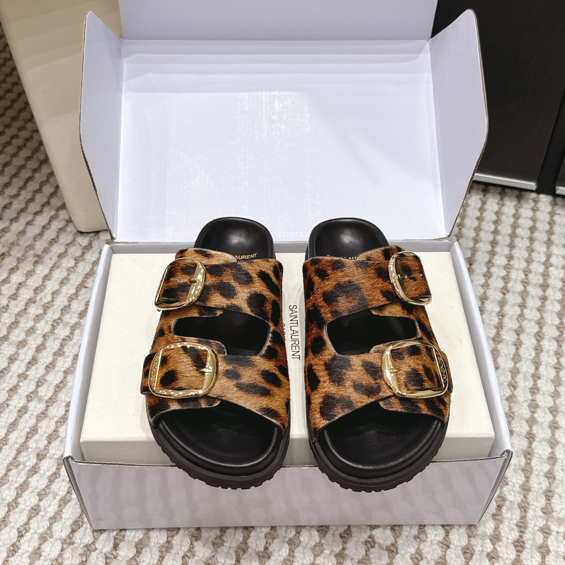 YSL 26ss Platform Slippers Black Leopard Print Leather Gold Buckle  663211