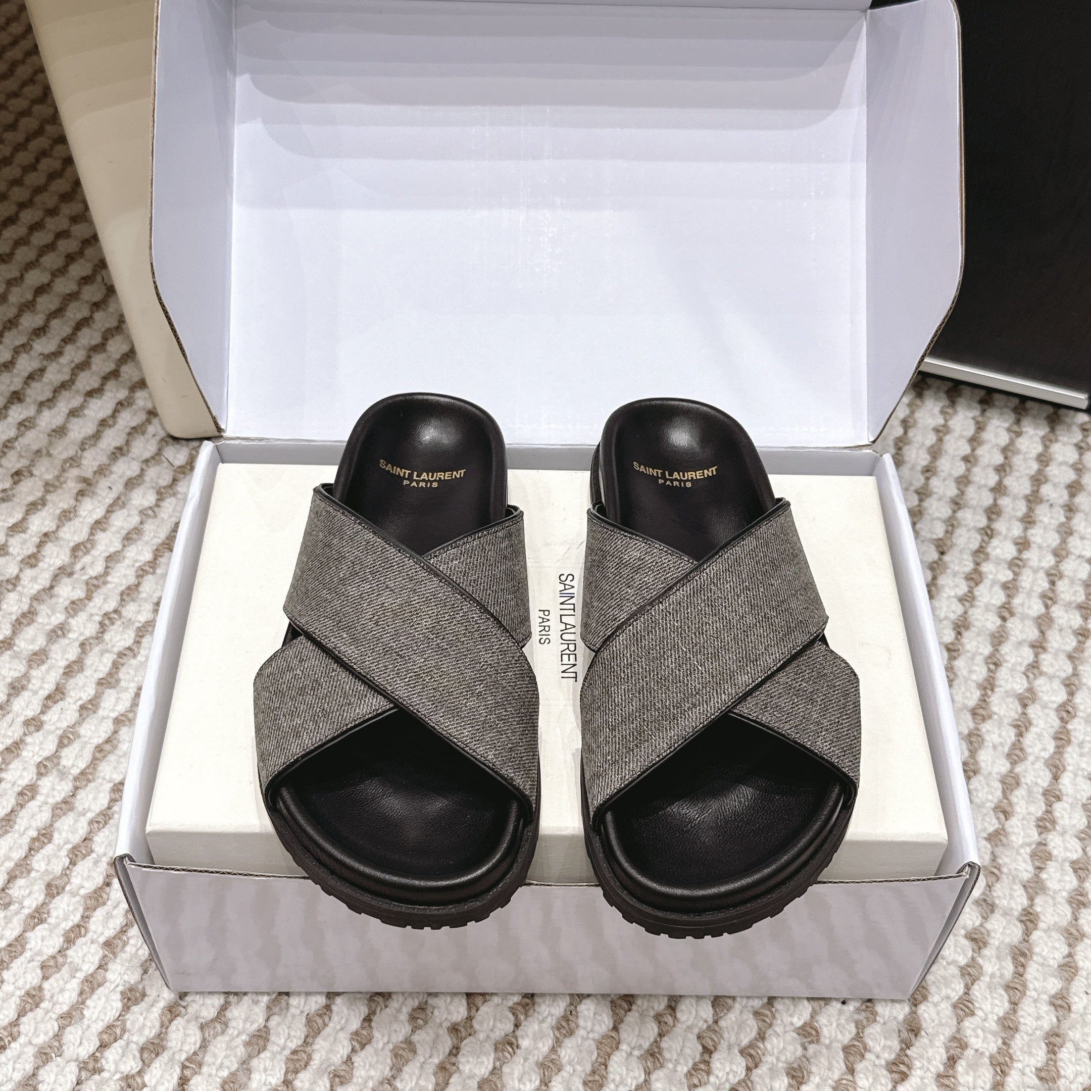 YSL 26ss Platform Slippers Black Gray Denim Leather 663216