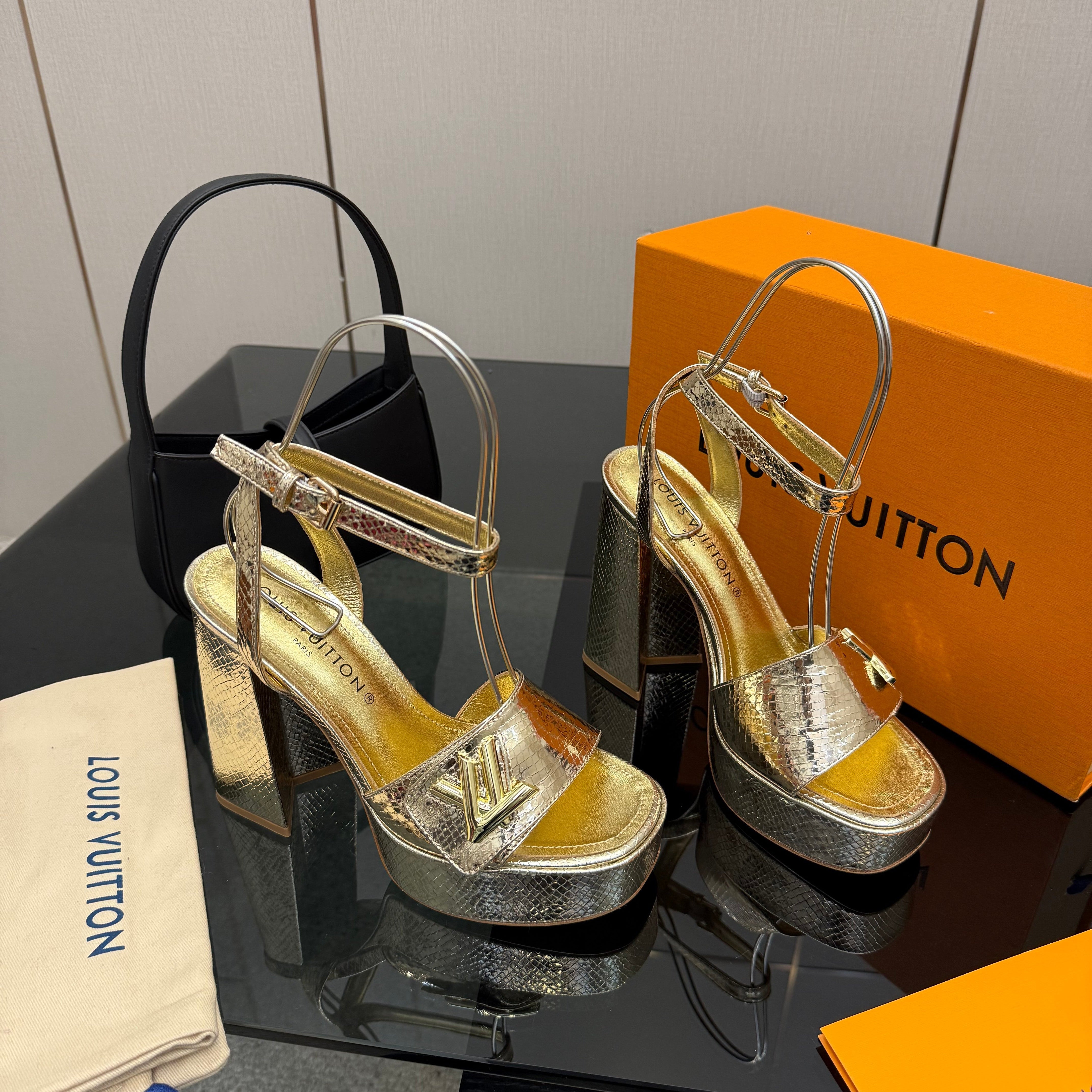 LV 26ss Platform Sandals 110 Metallic Gold Embossed Snakeskin Leather 629612