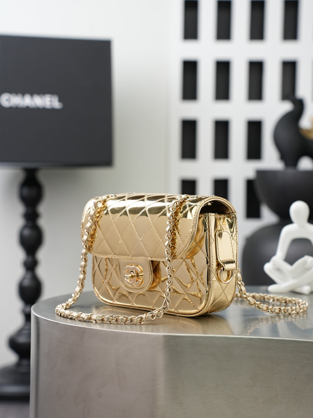 Chane 2026 Flap Mirror Bag Gold And Silver Metallic Calfskin