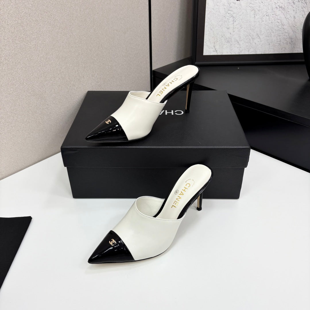 CC Mules Heels White Mix Black Patent Leather 301508