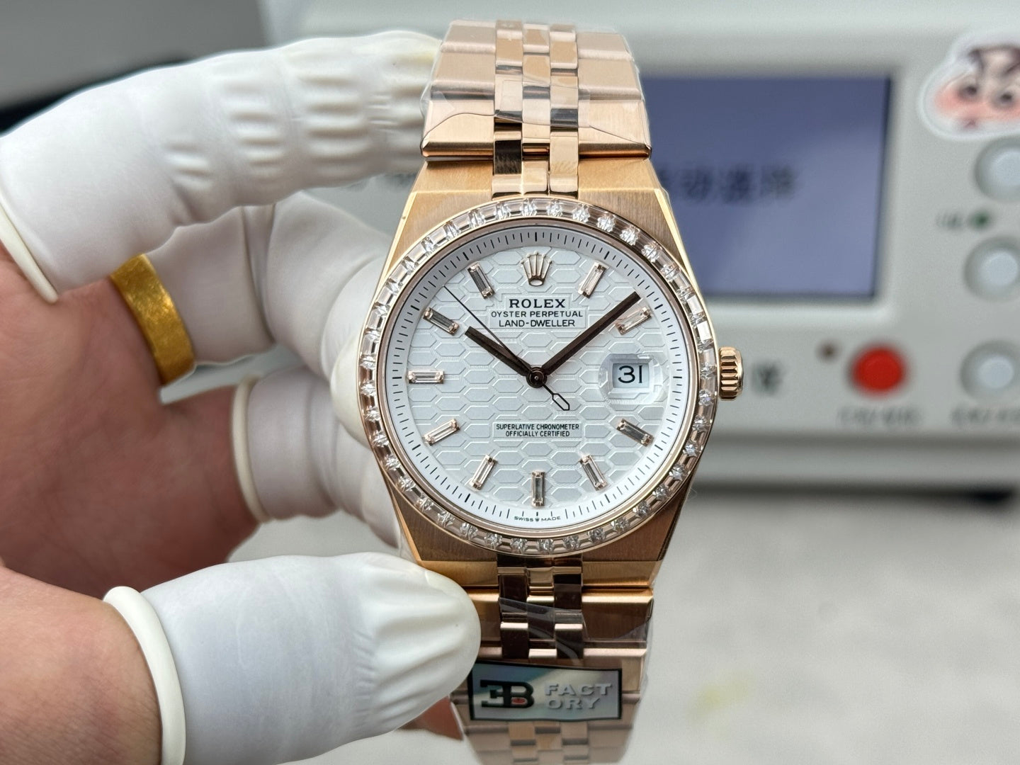 Rolex Land-Dweller Pink Gold White Dial Diamond Bezel