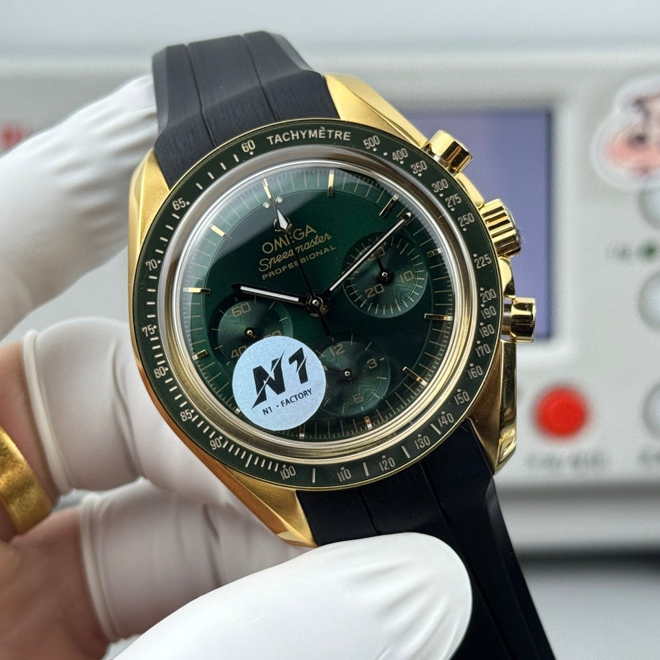 Omega Speedmaster Moonwatch Professional 42mm Green Dial Gold Case Rubber Strap