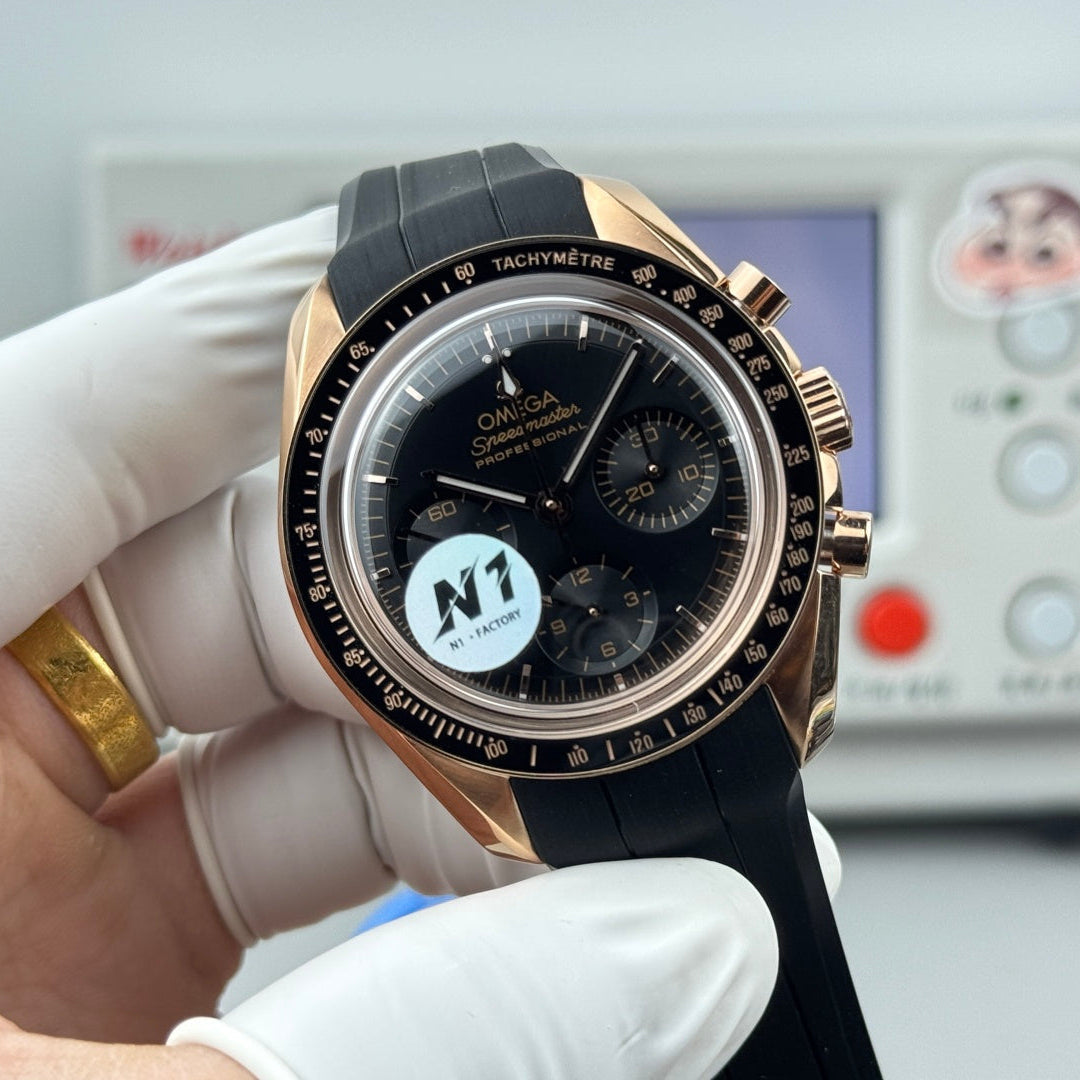 Omega Speedmaster Moonwatch Professional 42mm Black Dial Rose Gold Case Rubber Strap