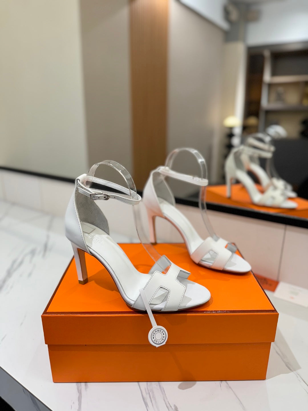 HM Joy 90mm Heeled Sandals White Flat Cowhide 294918