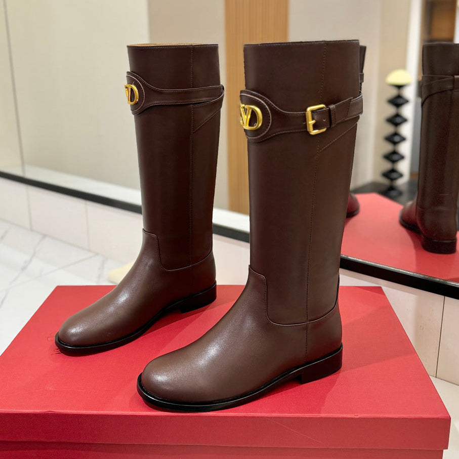 Valentino 25 Garavani Vlogo Signature Round Toe Brown Chocolate Calfskin Boots 505542
