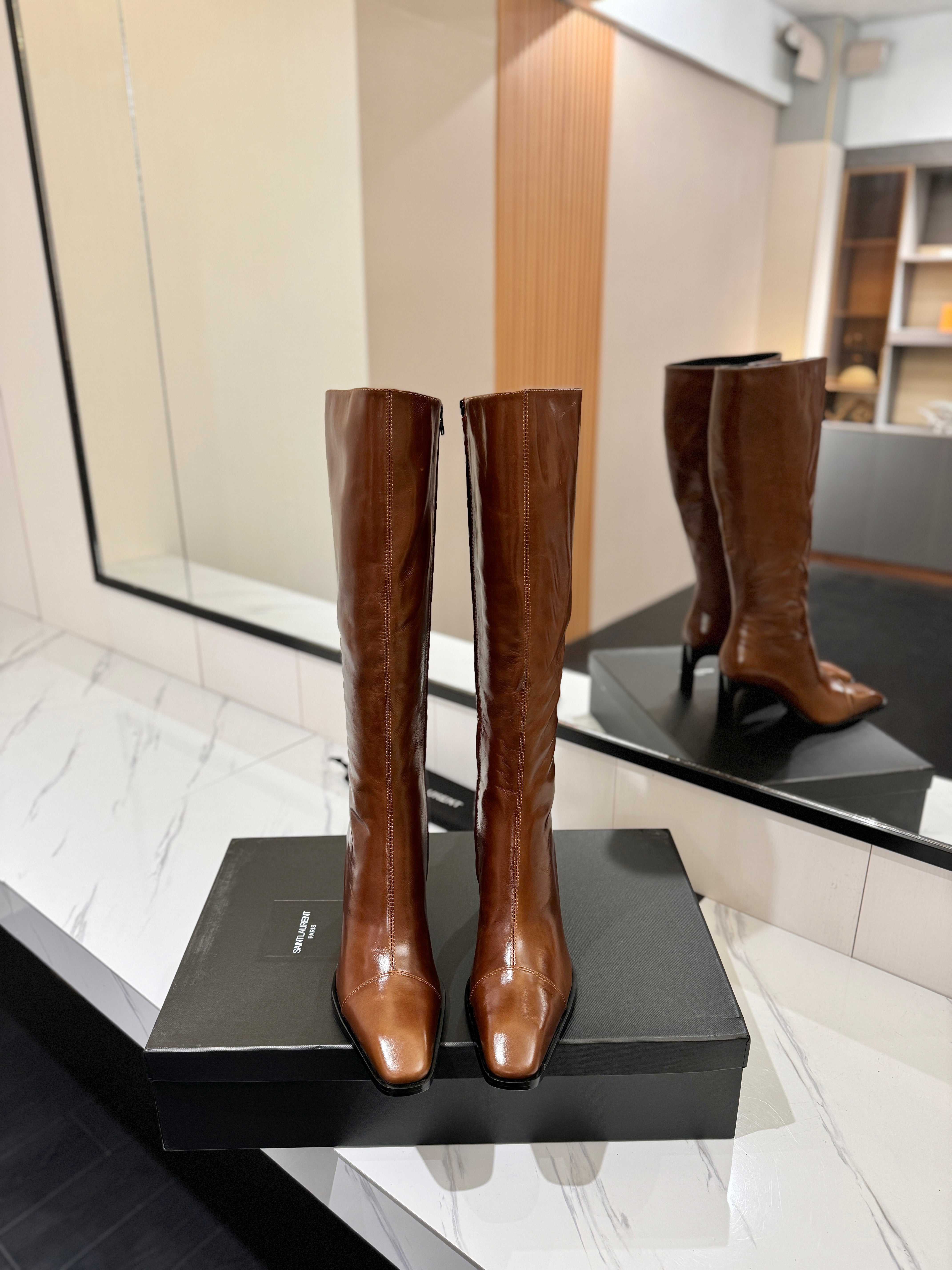 YSL 25 Zipper Sleeve Boot Brown Cowhide 520789