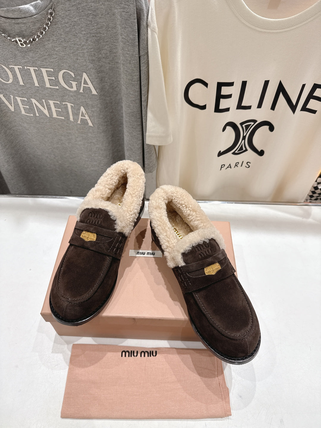 MiuMiu 25 Fur Loafer Brown Chocolate mix Beige Suede 535600