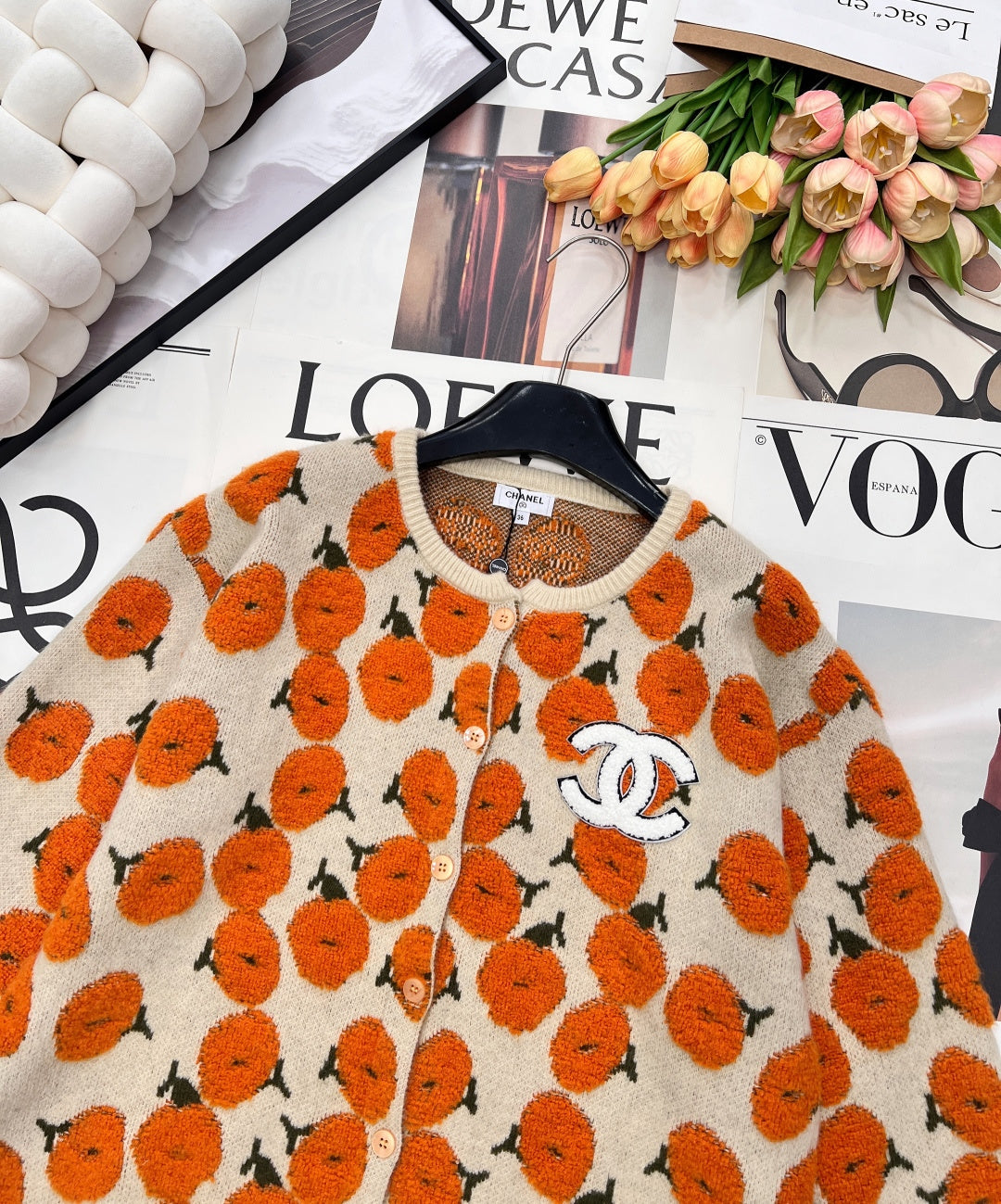 CC 26 Floral Pattern Cardigan Orange Beige Wool Cashmere 785282