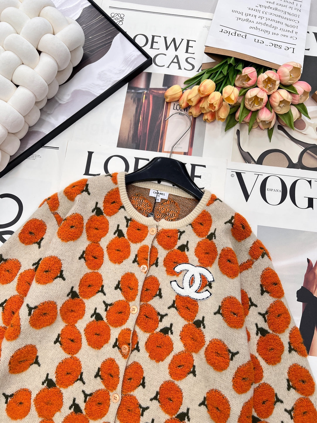 CC 26 Floral Pattern Cardigan Orange Beige Wool Cashmere 785282