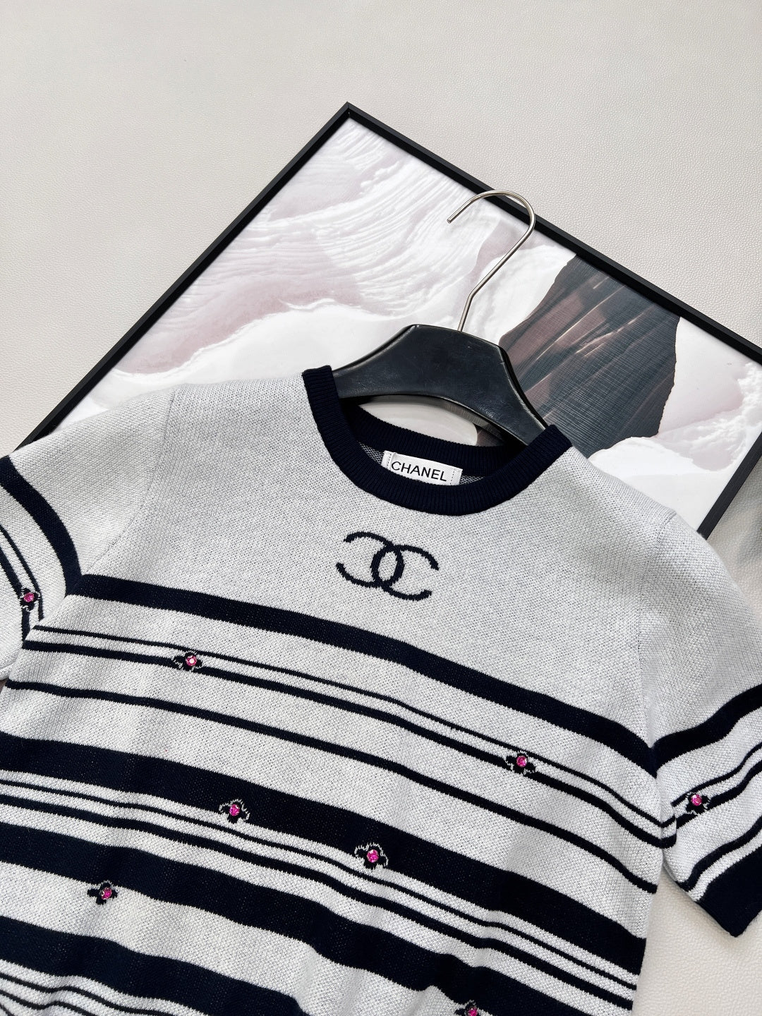 Chanel 2026 Striped Knit Short-Sleeve Top Black White Wool Nylon
