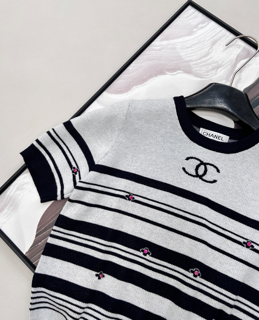 Chanel 2026 Striped Knit Short-Sleeve Top Black White Wool Nylon