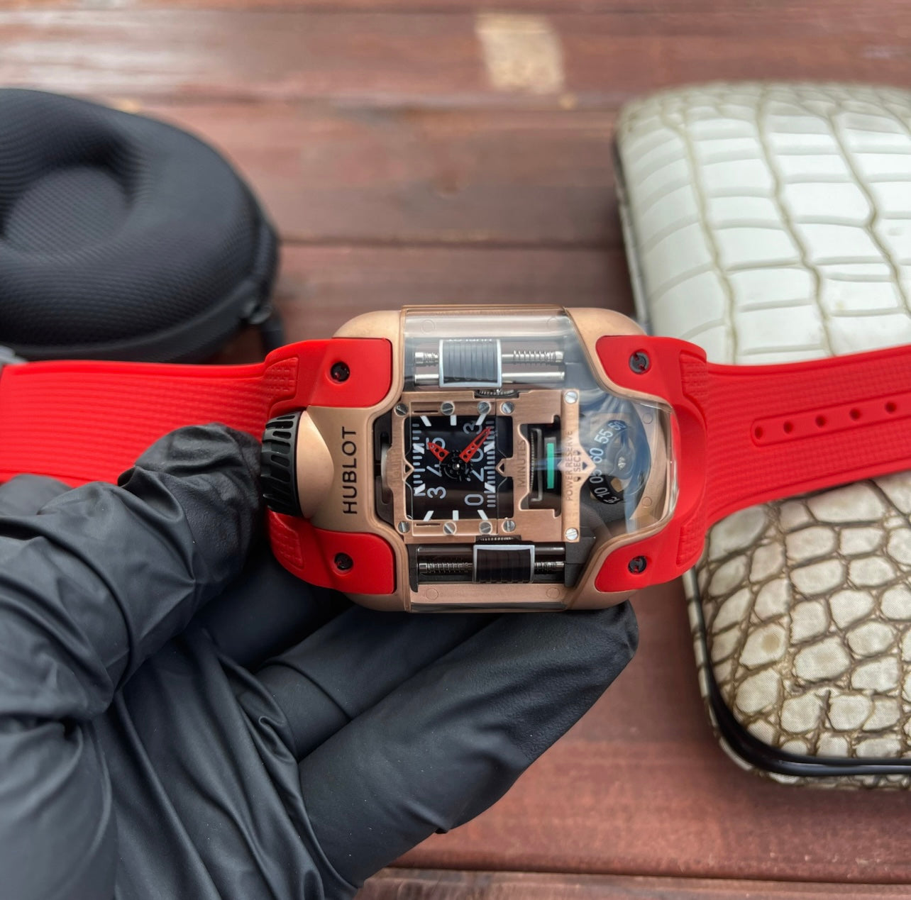 Hublot MP-10 Tourbillon Weight Energy System Watch Rose Gold Case Red Strap