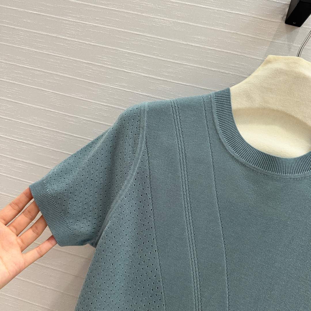 Hm 25  Hollow Knit Short-Sleeve Top Blue Green Tencel Cotton