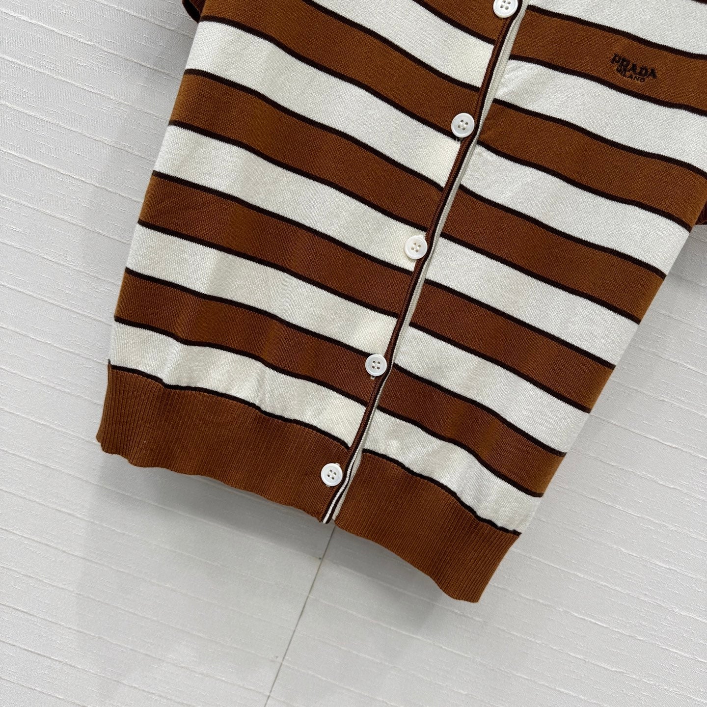 Prada 25 Striped Short-sleeved Knitted Cardigan Brown white Cotton