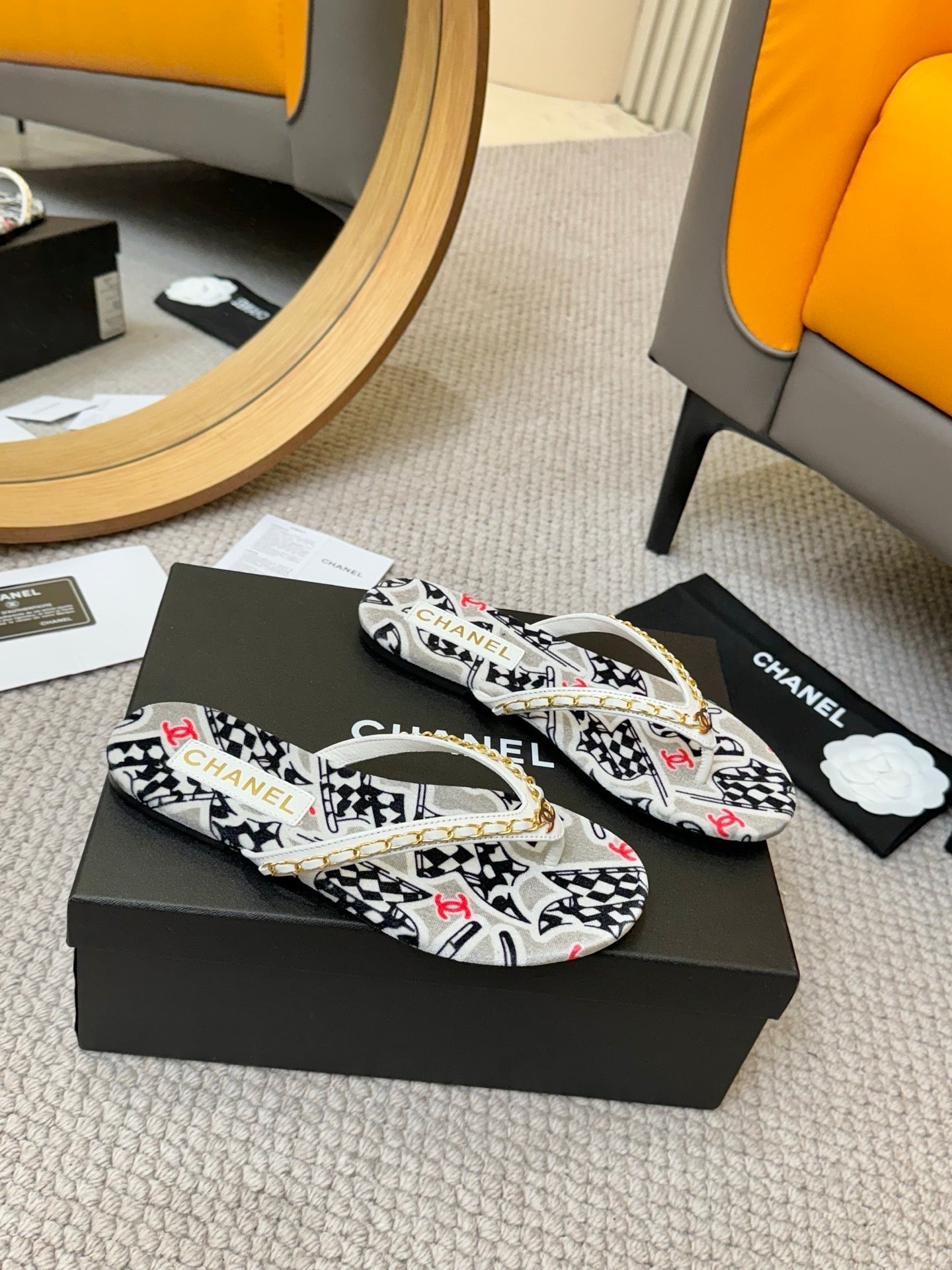 CC Chain Strap Thong Slippers Multicolor Cloth Sheepskin Velvet 305867