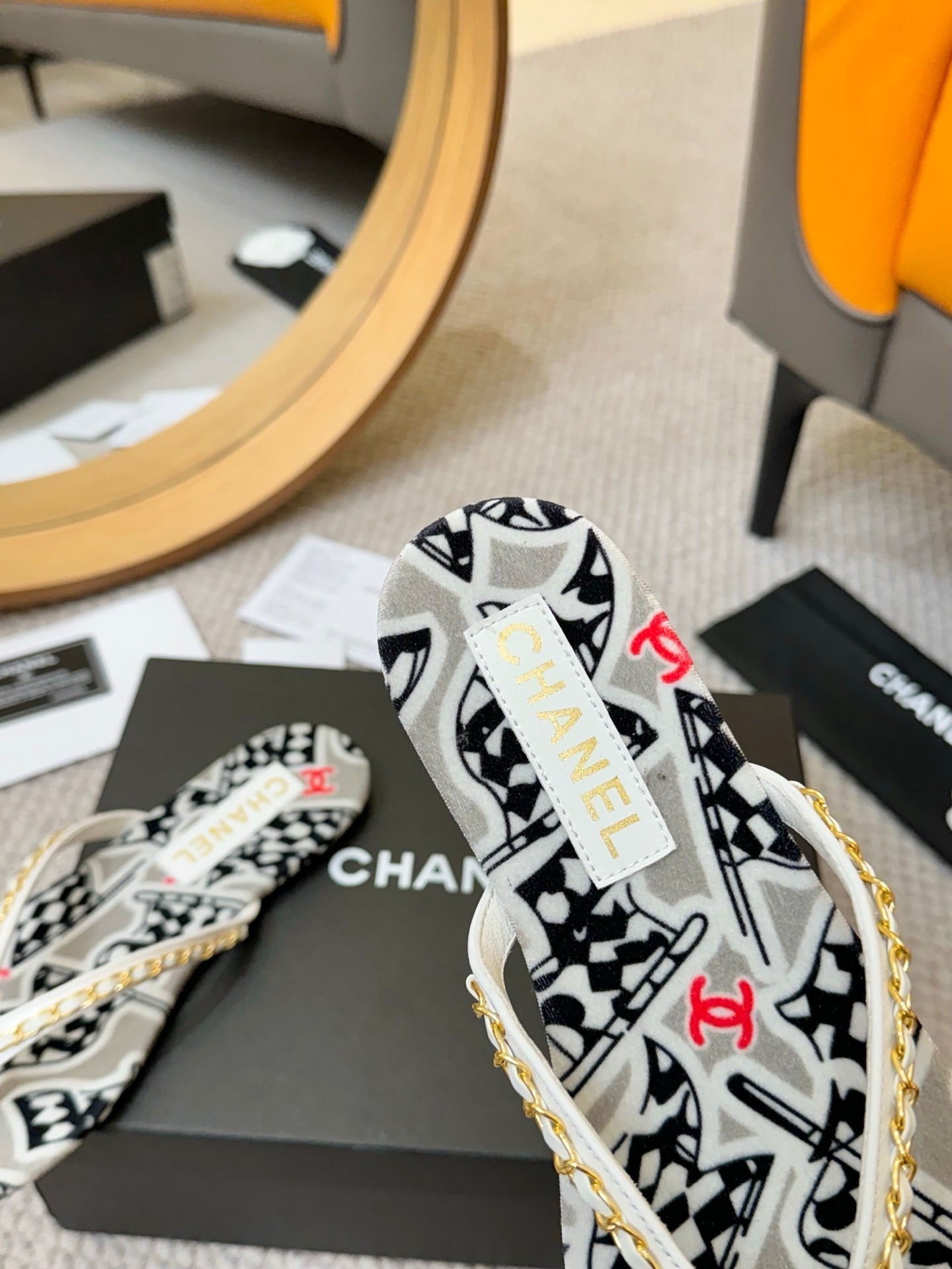 CC Chain Strap Thong Slippers Multicolor Cloth Sheepskin Velvet 305867