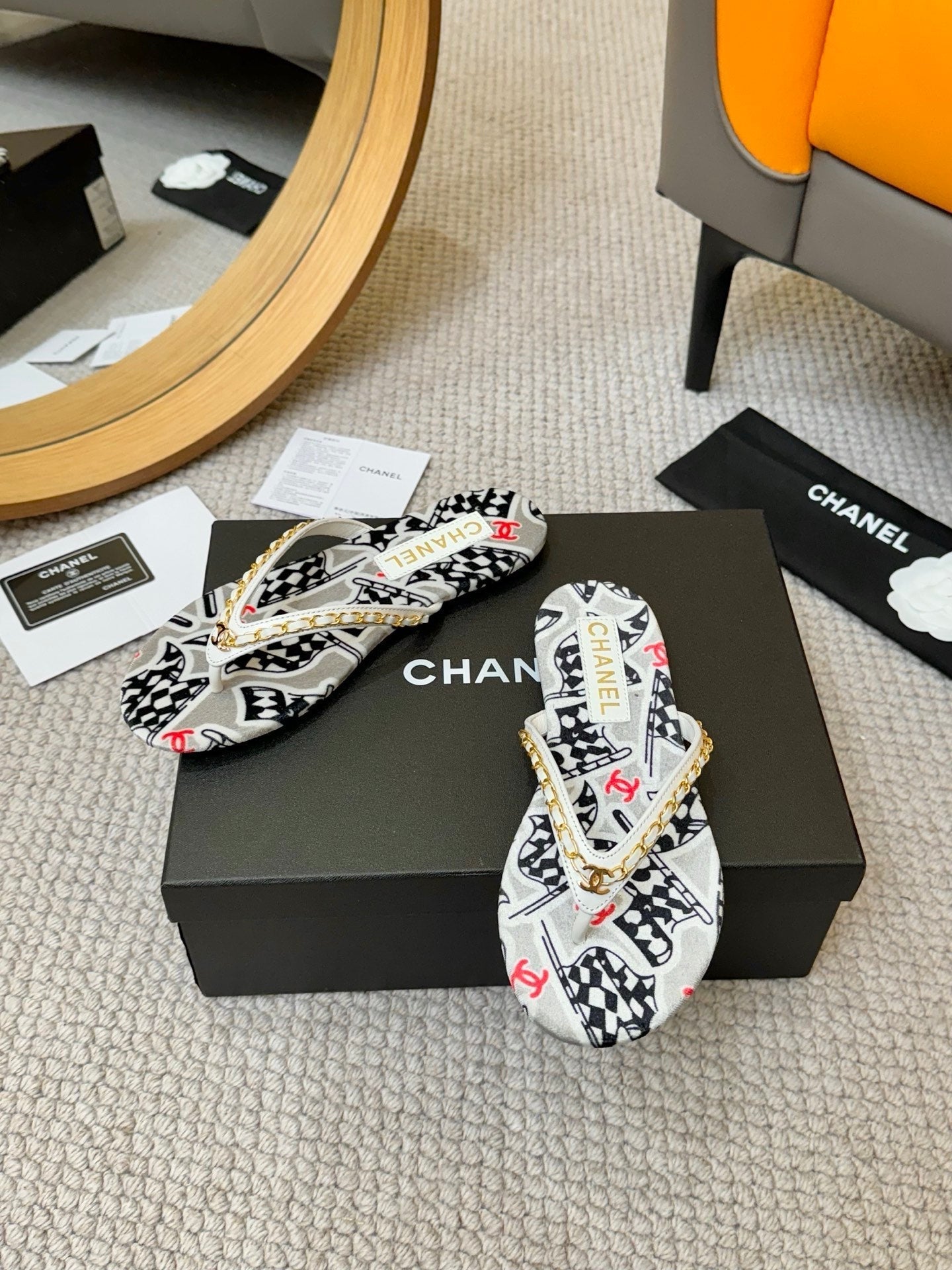 CC Chain Strap Thong Slippers Multicolor Cloth Sheepskin Velvet 305867