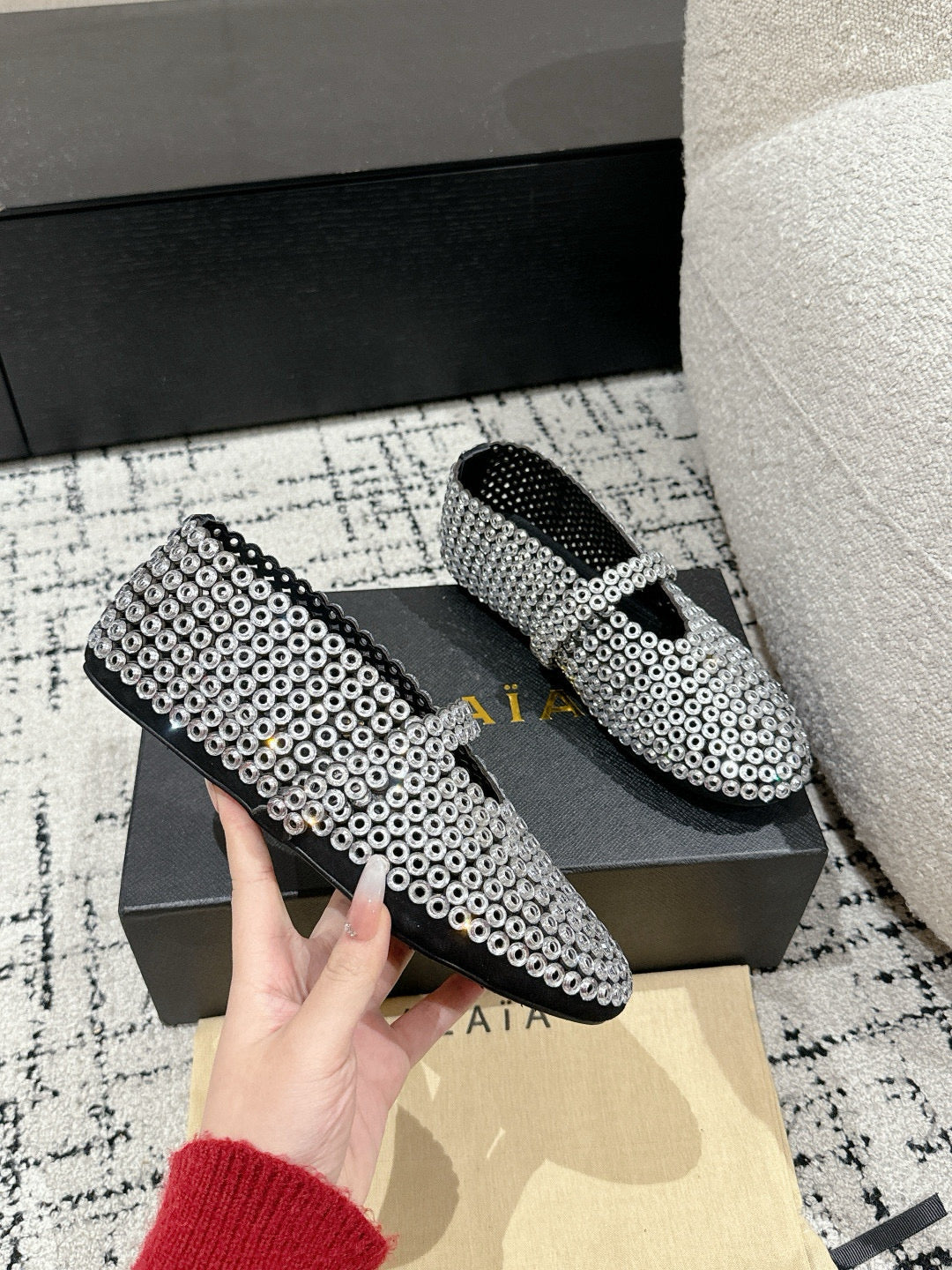Alaia 25 Embellished Mary Jane Flats White Suede  293179