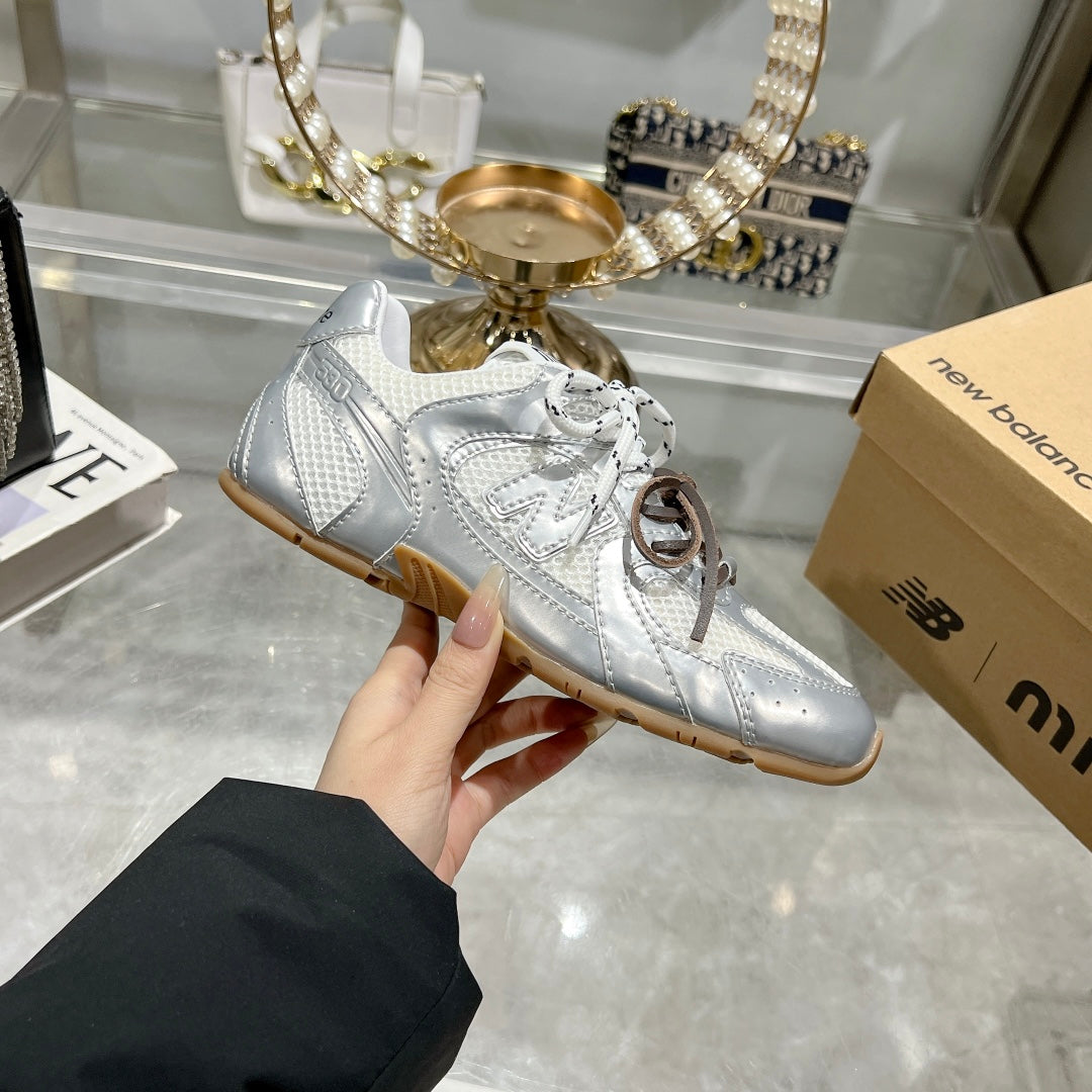 Miu Miu Pre-Owned x New Balance 550 Sneakers Silver White Cowhide Mesh 155323