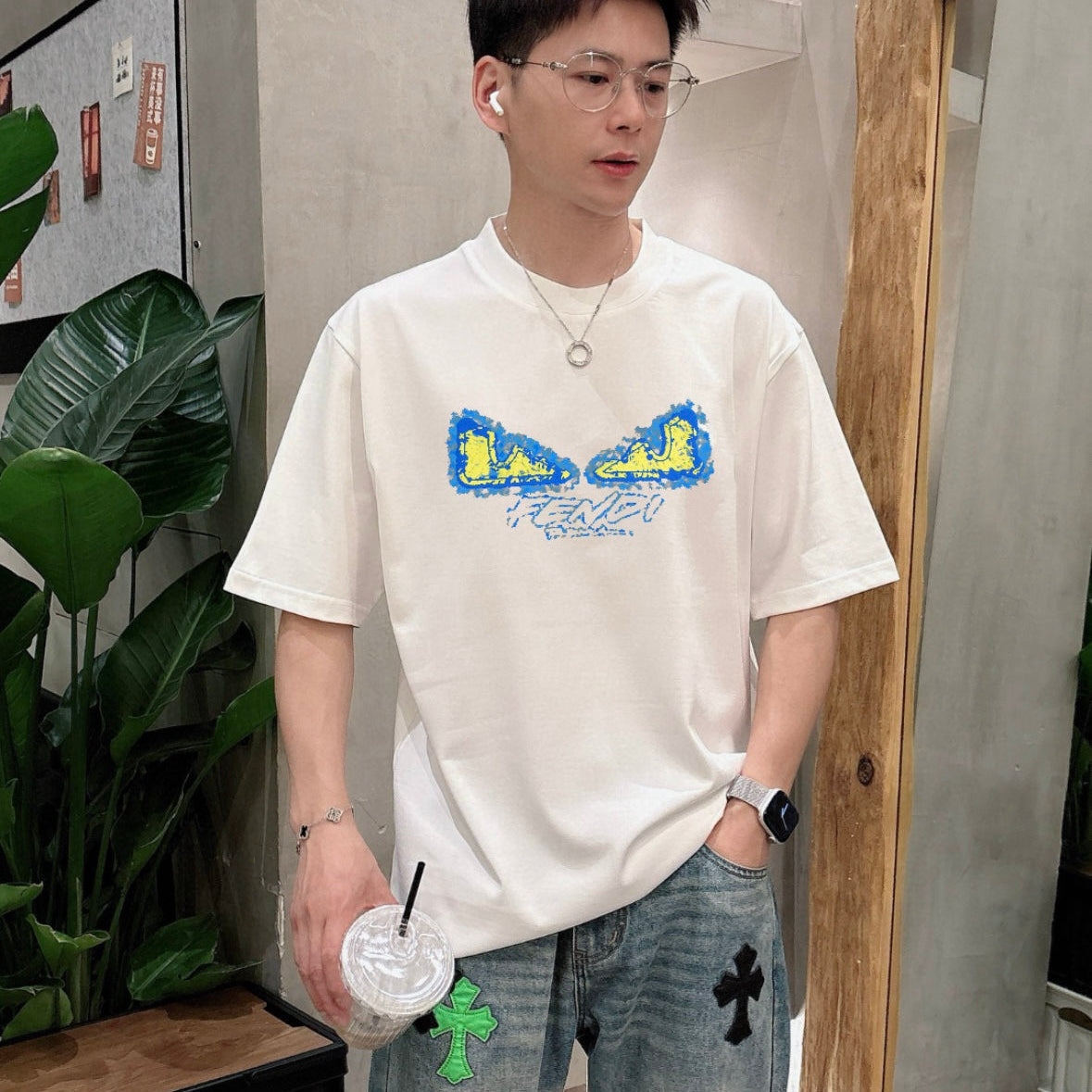 Fendi 2026 Men's Short-Sleeve T-Shirt White Blue Cotton 736897