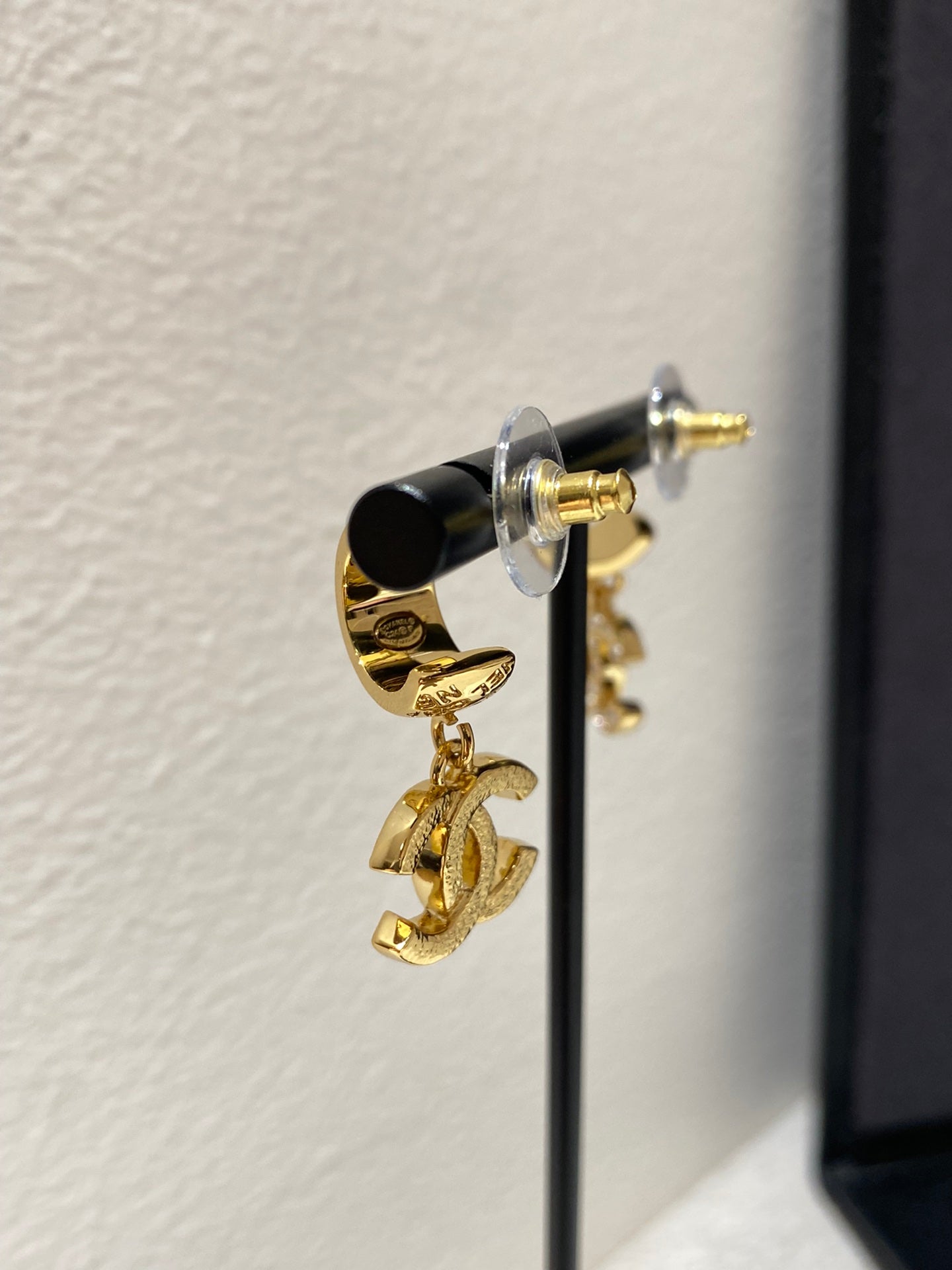CC Letter Hook Gold Diamond Earrings
