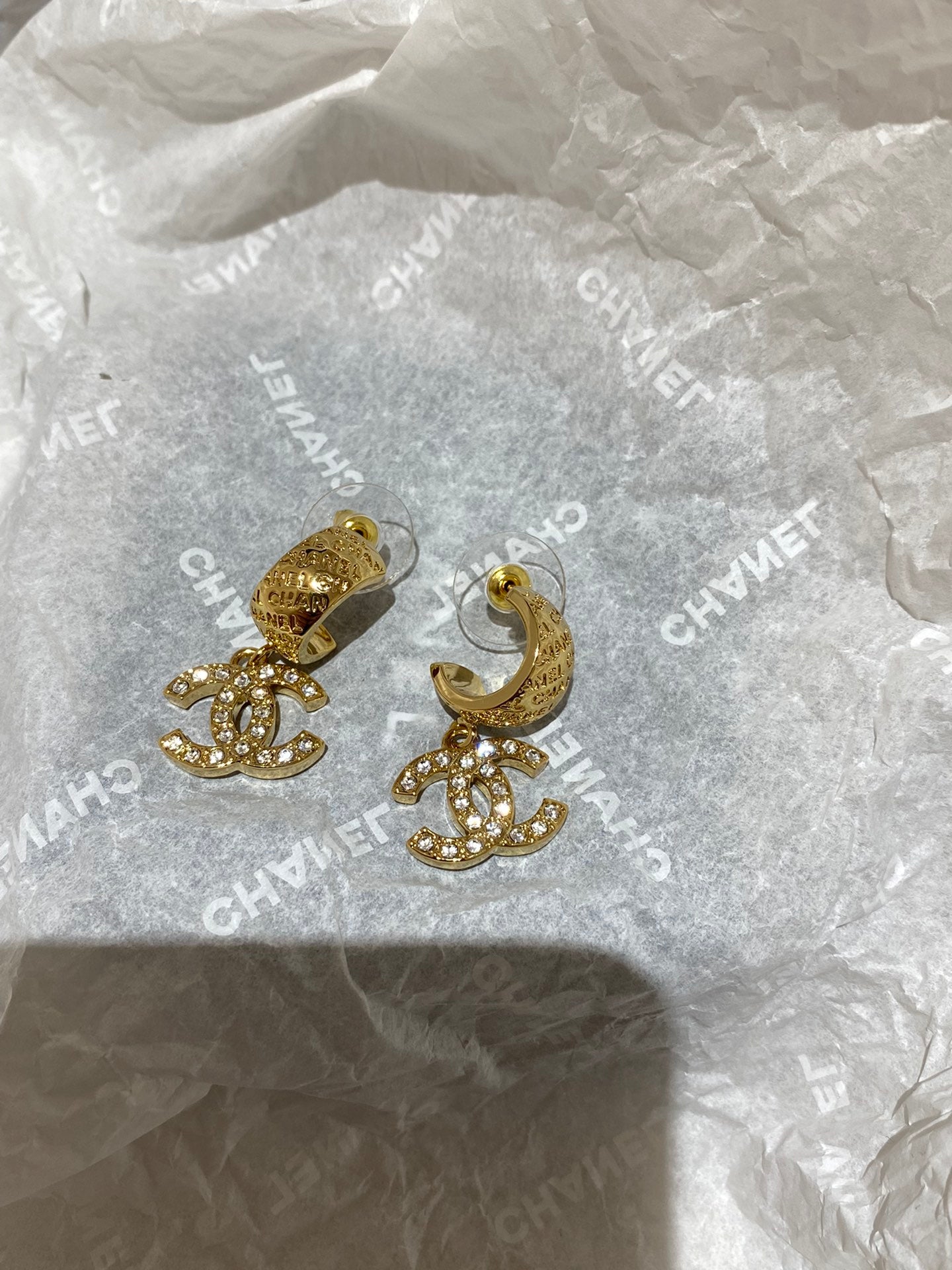 CC Letter Hook Gold Diamond Earrings