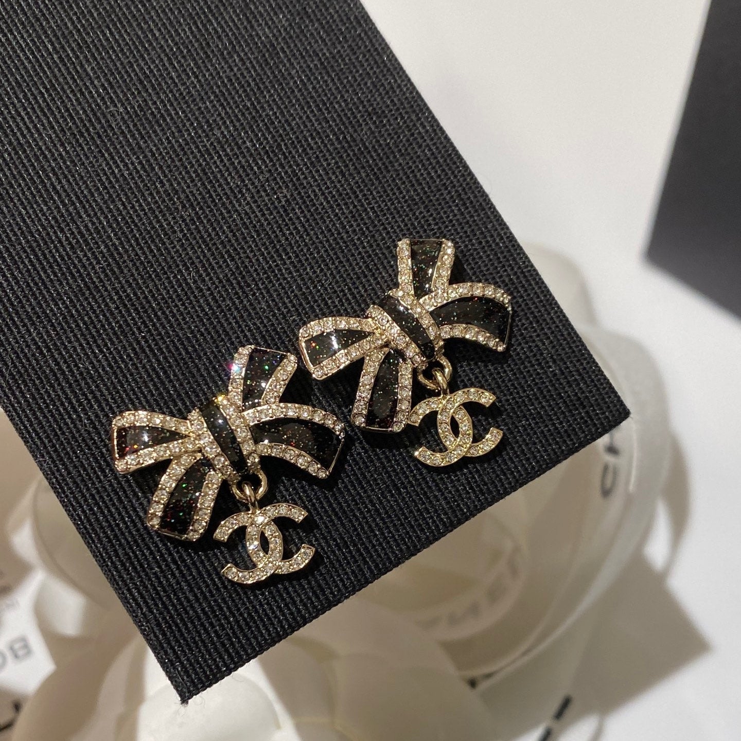 CC Crystals Black Enamel Bow Gold Earrings