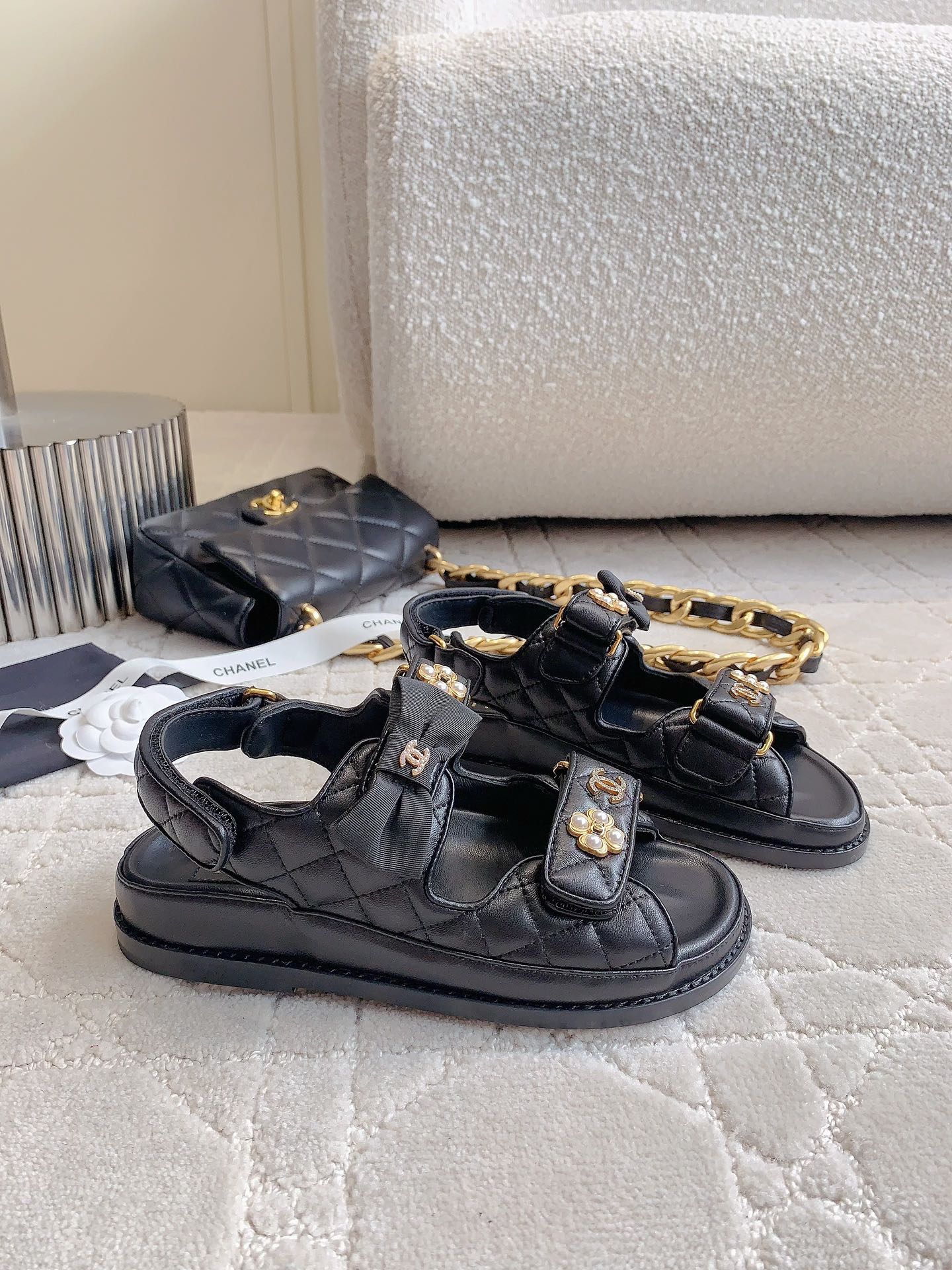 Chanel 2026 Quilted Sandals Suede Sheepskin 977358