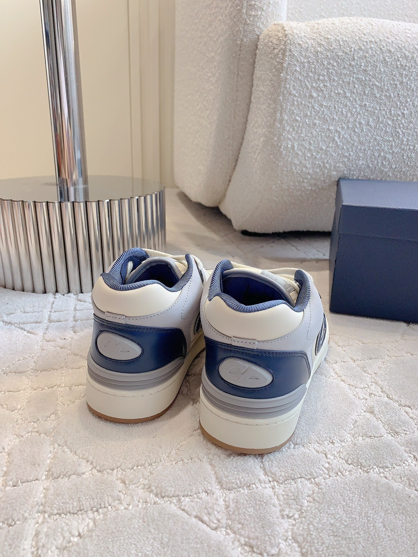 CD B57 Mid-Top Sneaker White Grey Mix Dark Blue Calfskin And Oblique Jacquard
