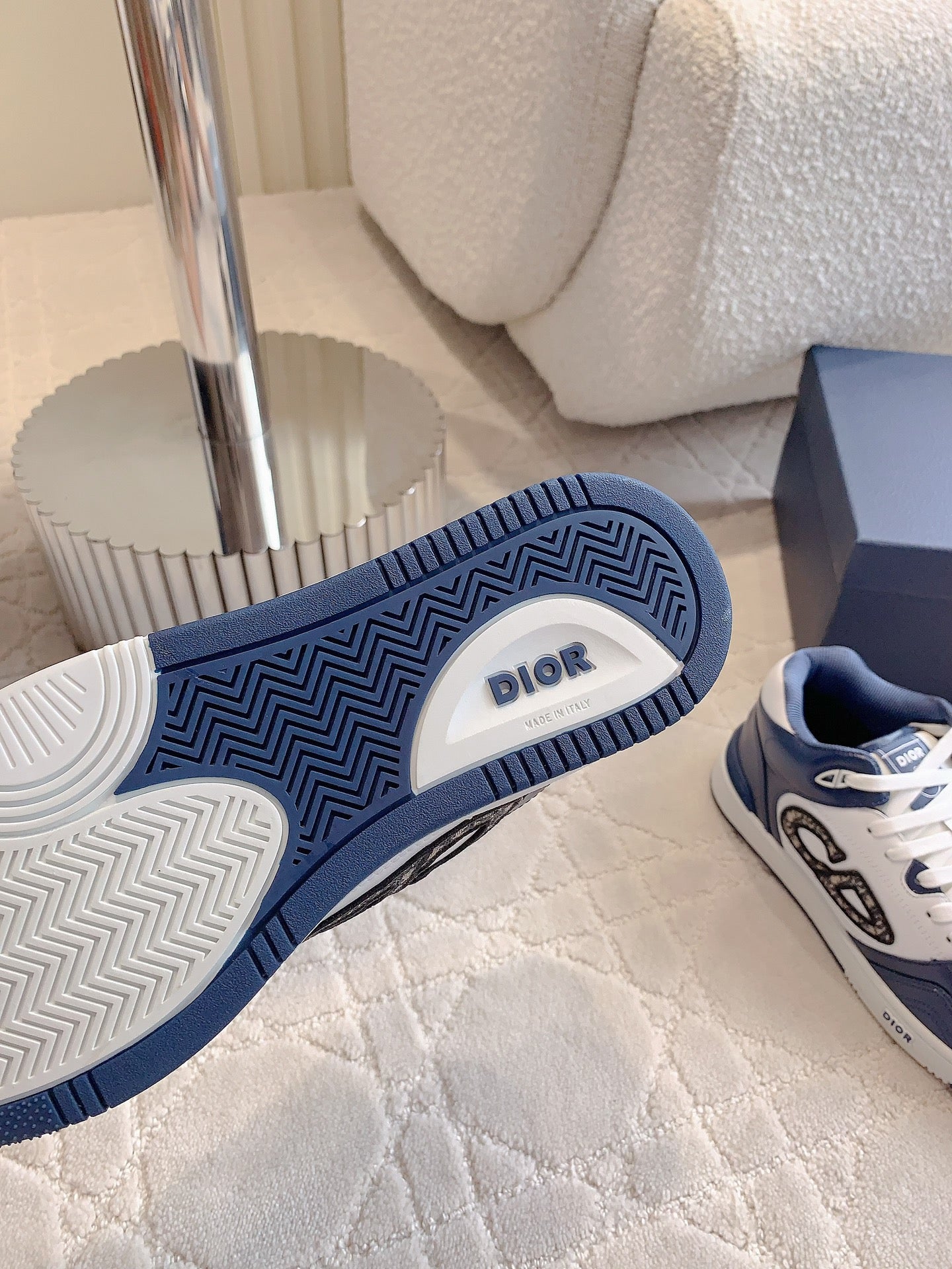CD B57 Mid-Top Sneaker White Mix Dark Blue Calfskin And Oblique Jacquard