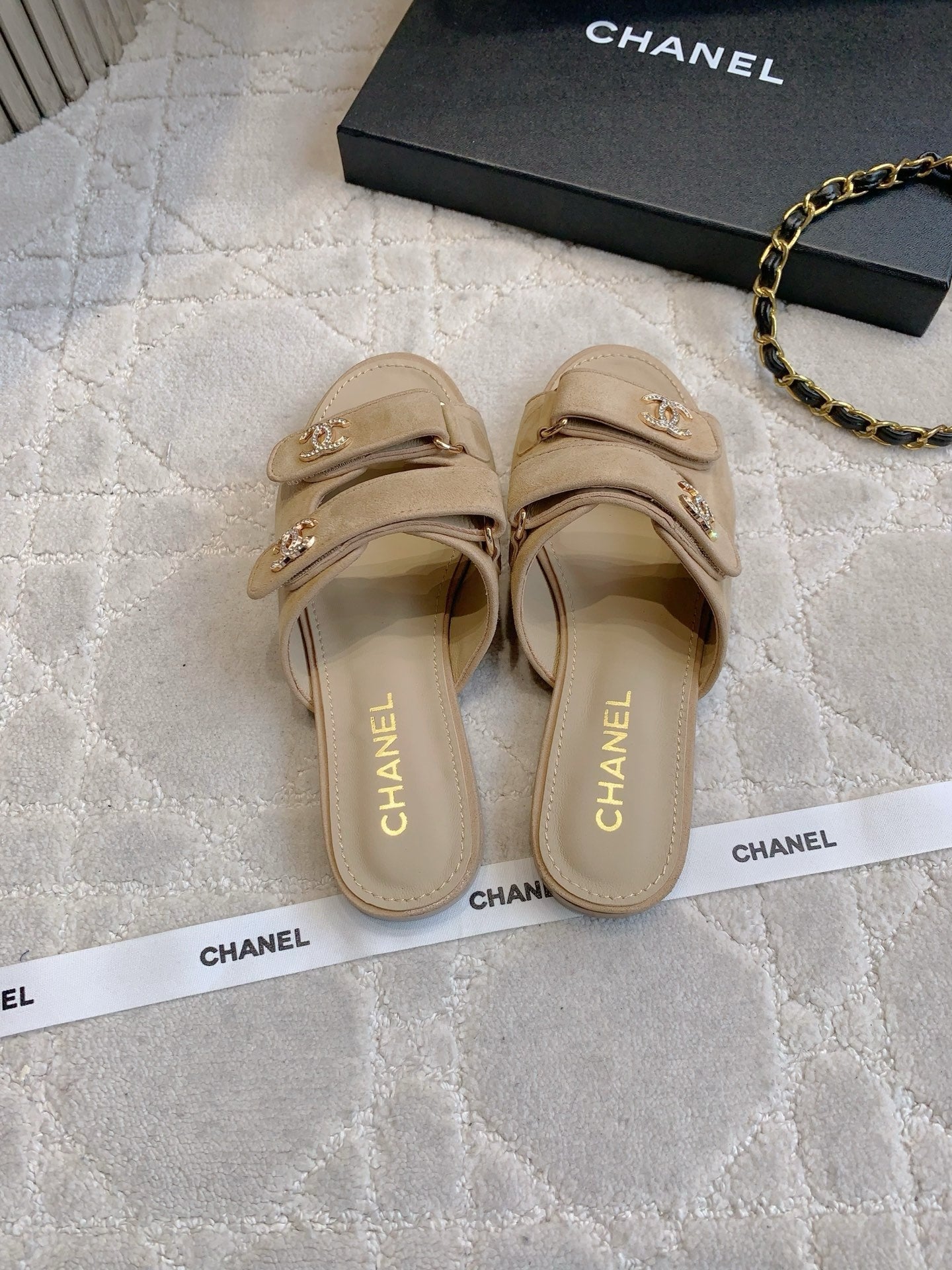 Chanel 2026 Rhinestone Buckle Flat Sandal Suede Lambskin 850851