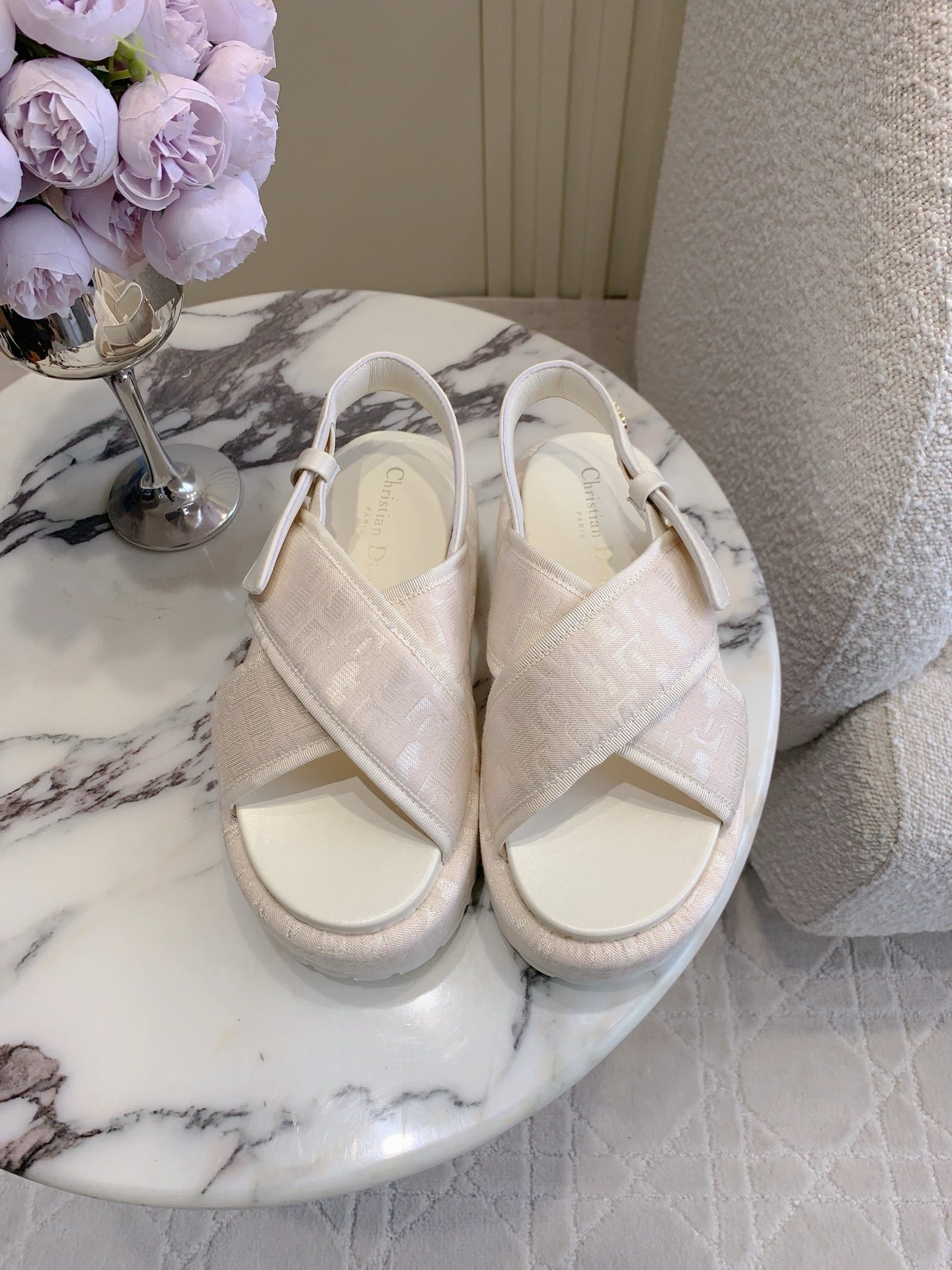 CD 26s  Platform Sandals 65 Light Pink Canvas Lambskin 644287