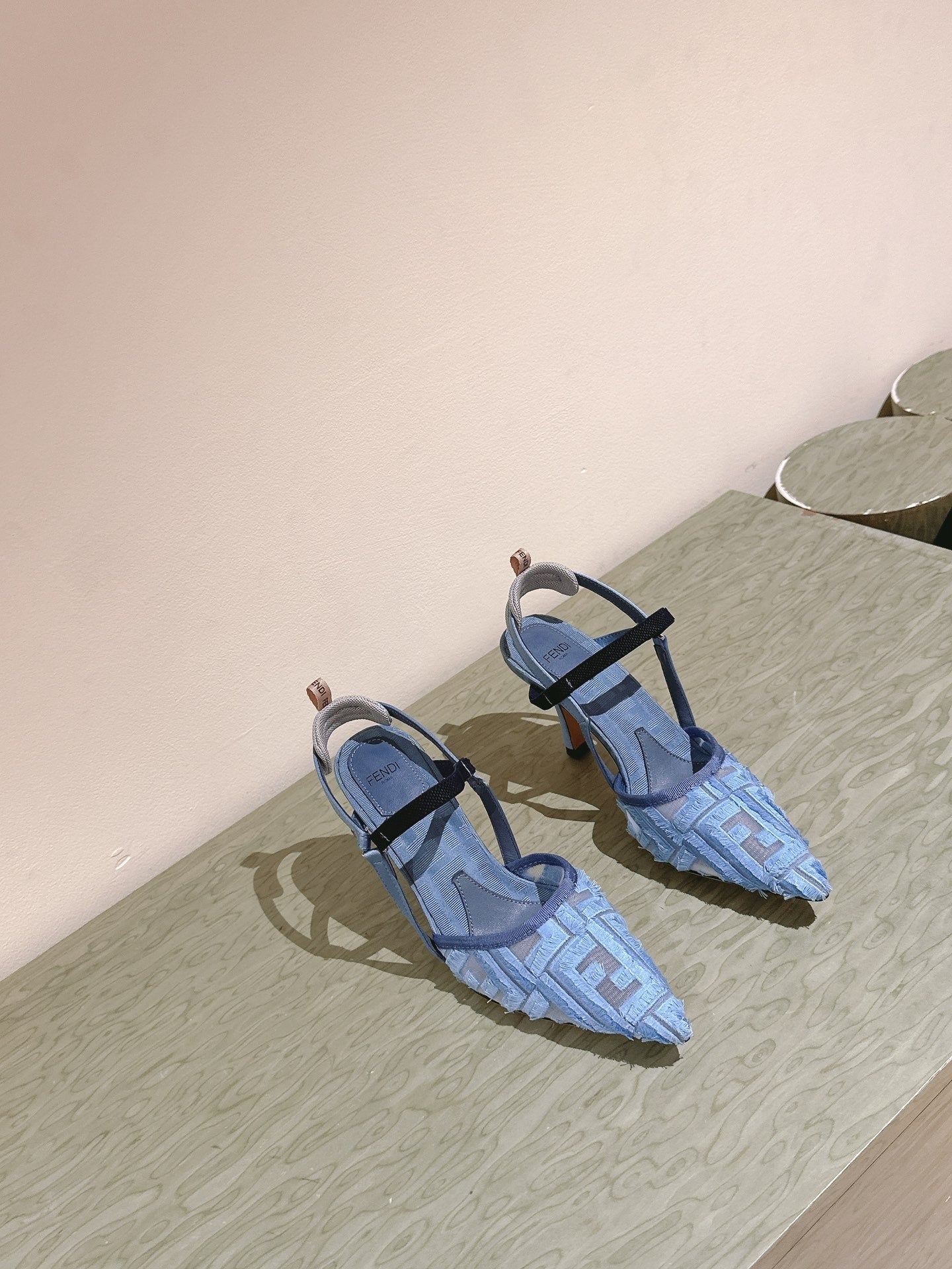 FENDI COLIBRÃŒ HIGH-HEELED SLINGBACKS 75MM IN SKY BLUE FABRIC
