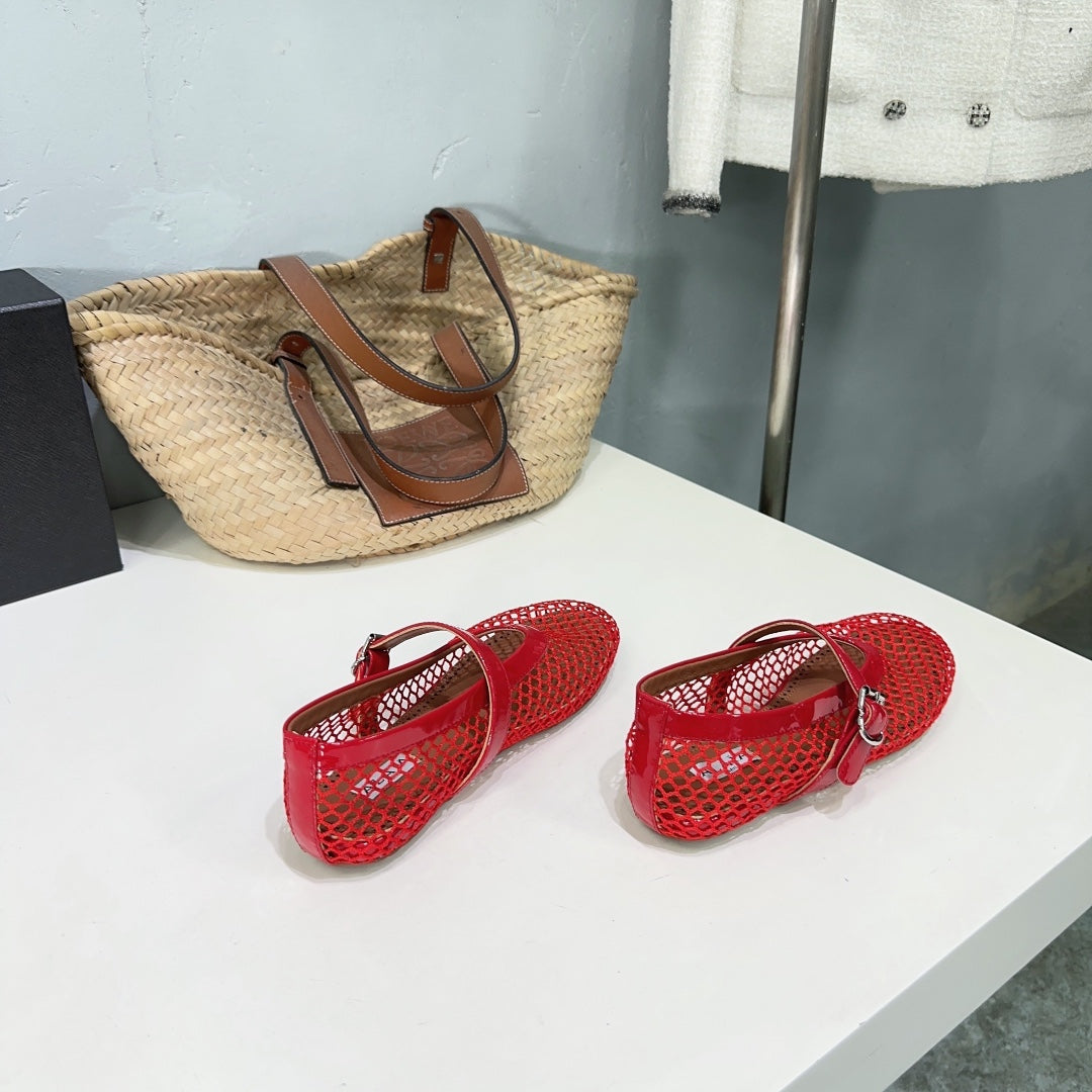 Alaia 25 Laminated Fishnet Ballet Flats Red Lambskin 576443