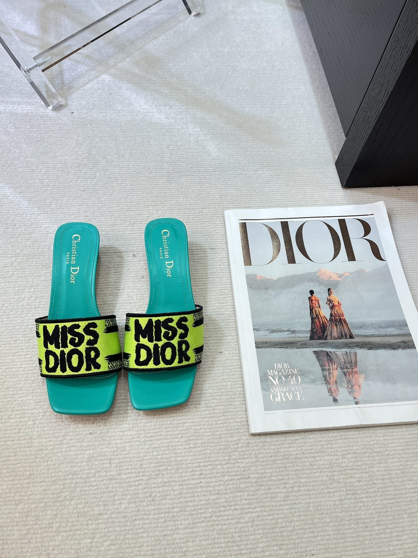 dway heeled slide 35 lime blue embroidered cotton
