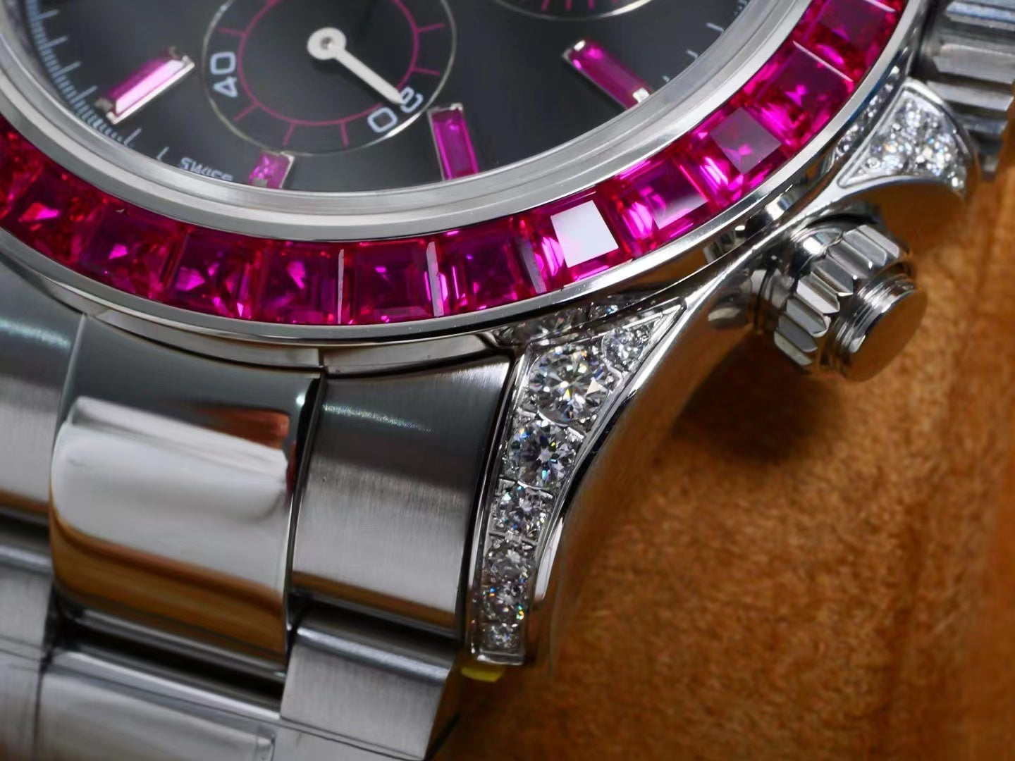 Rolex Daytona 40mm Stainless Steel Red Diamond Case Black Dial