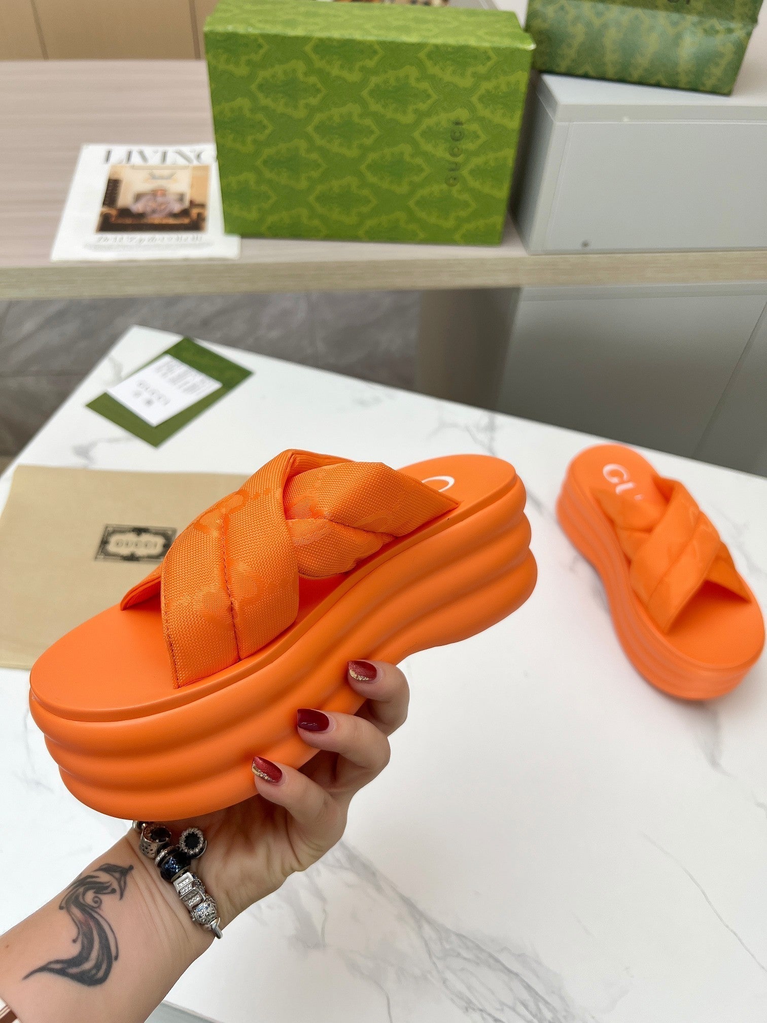 GG waterproof platform slippers orange fabric