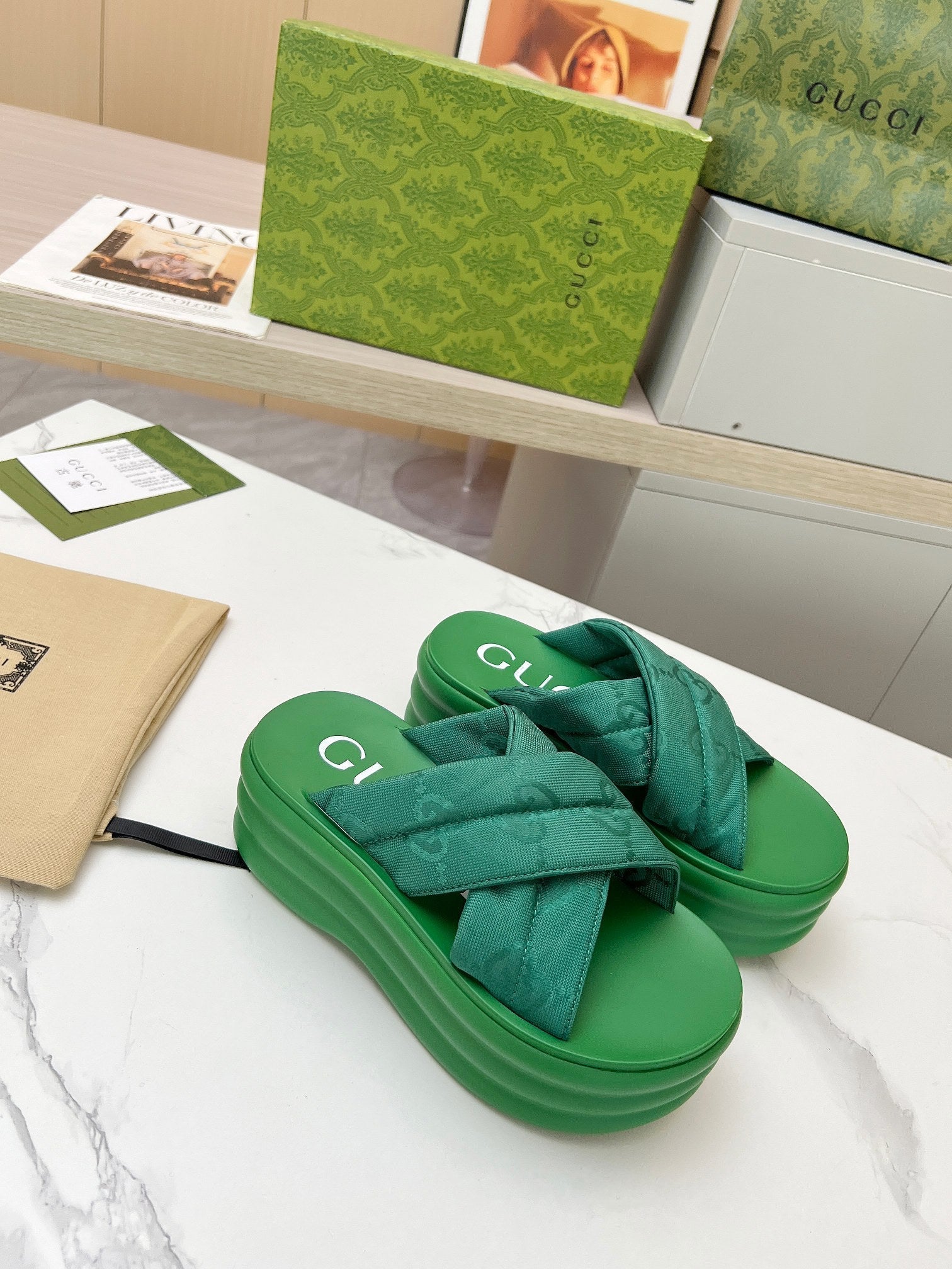 GG waterproof platform slippers green fabric