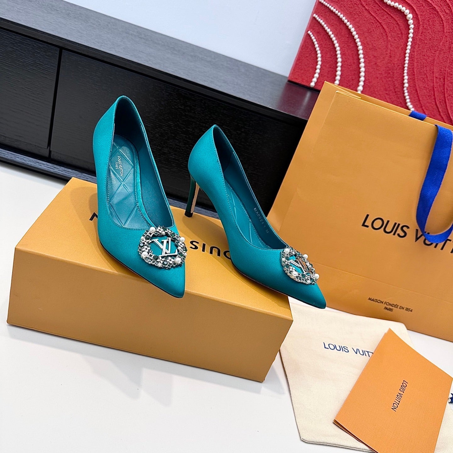 LV 26s  Pointed-Toe High Heels 75 Teal Blue Premium Satin 622438