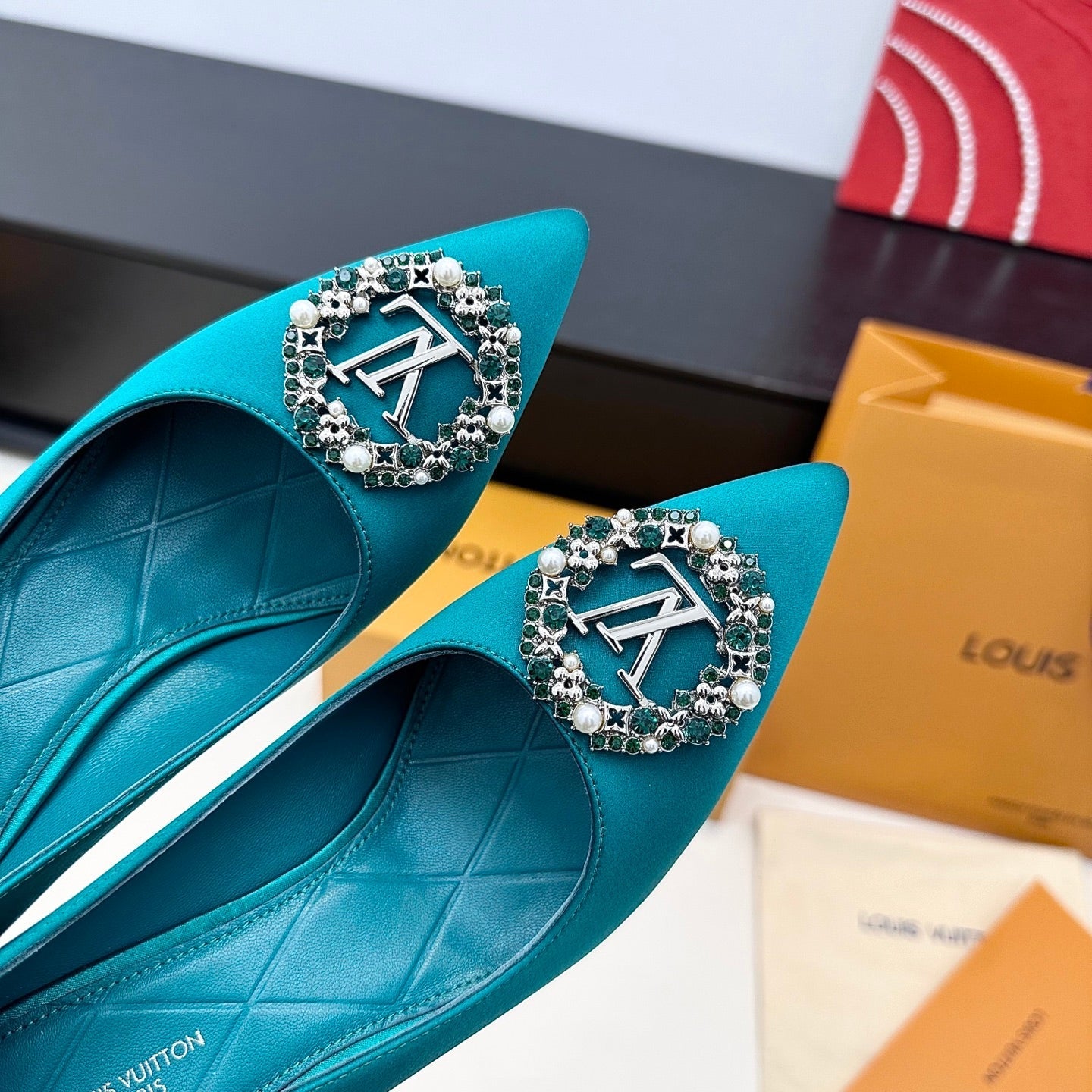 LV 26s  Pointed-Toe High Heels 95 Teal Blue Premium Satin 622439