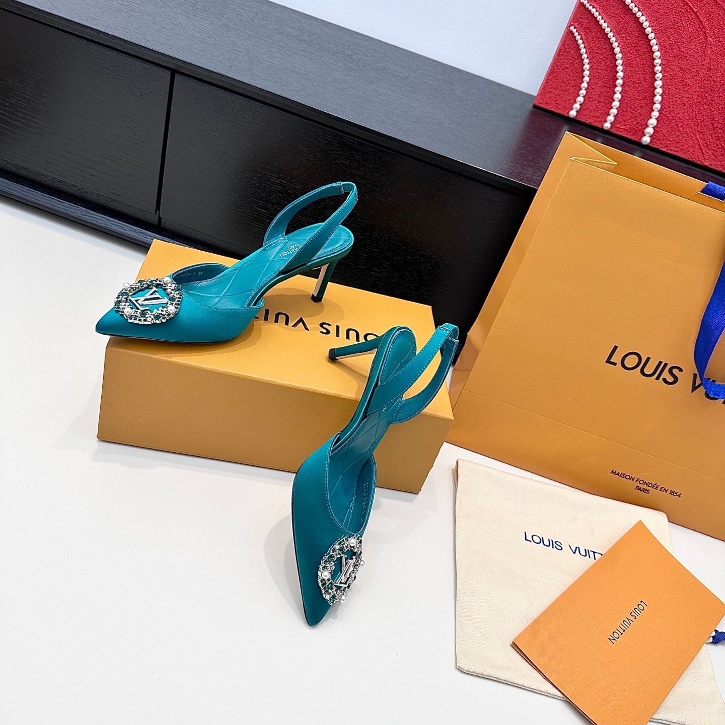LV 26s  Slingback 75 Teal Blue Premium Satin 622440