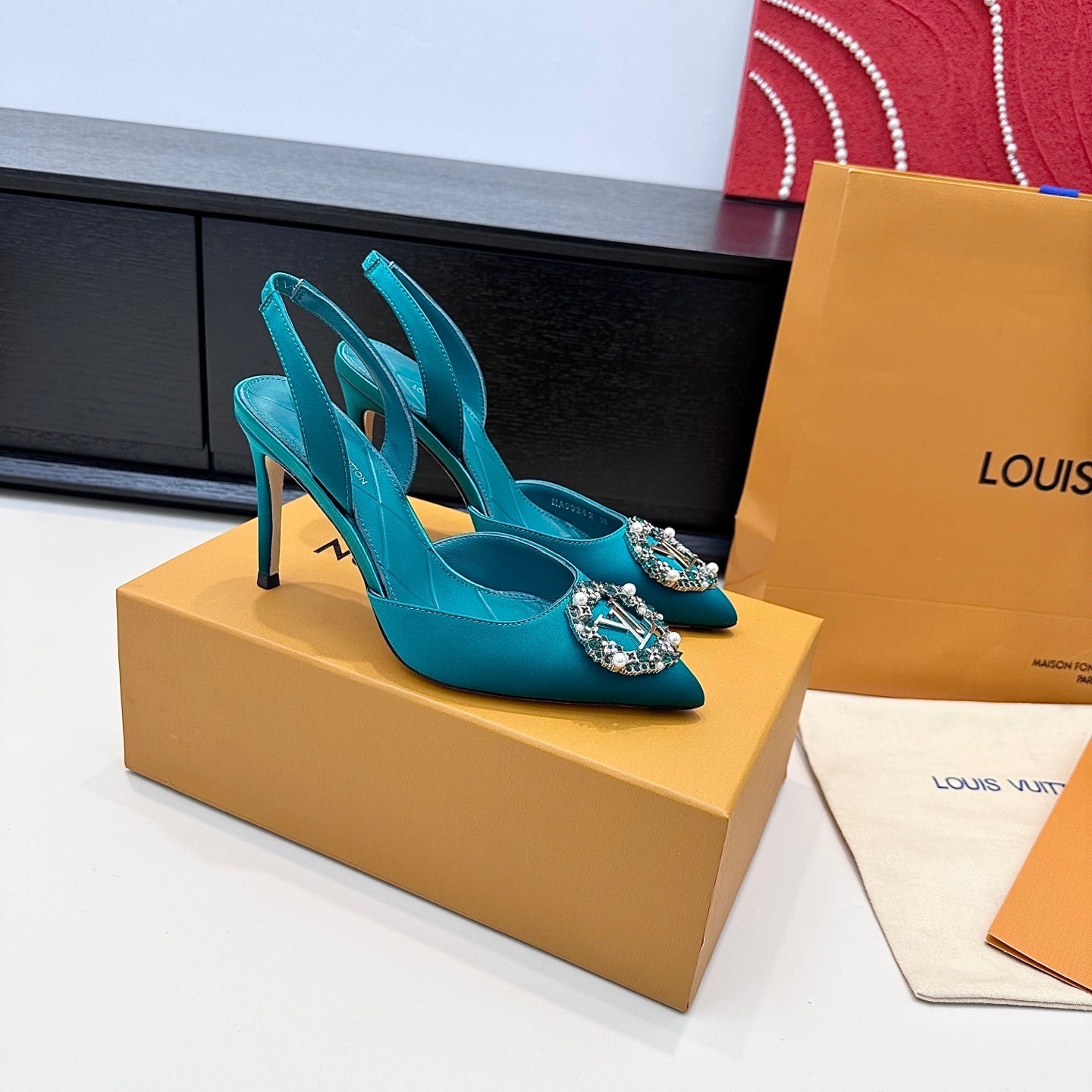LV 26s  Slingback 95 Teal Blue Premium Satin 622441