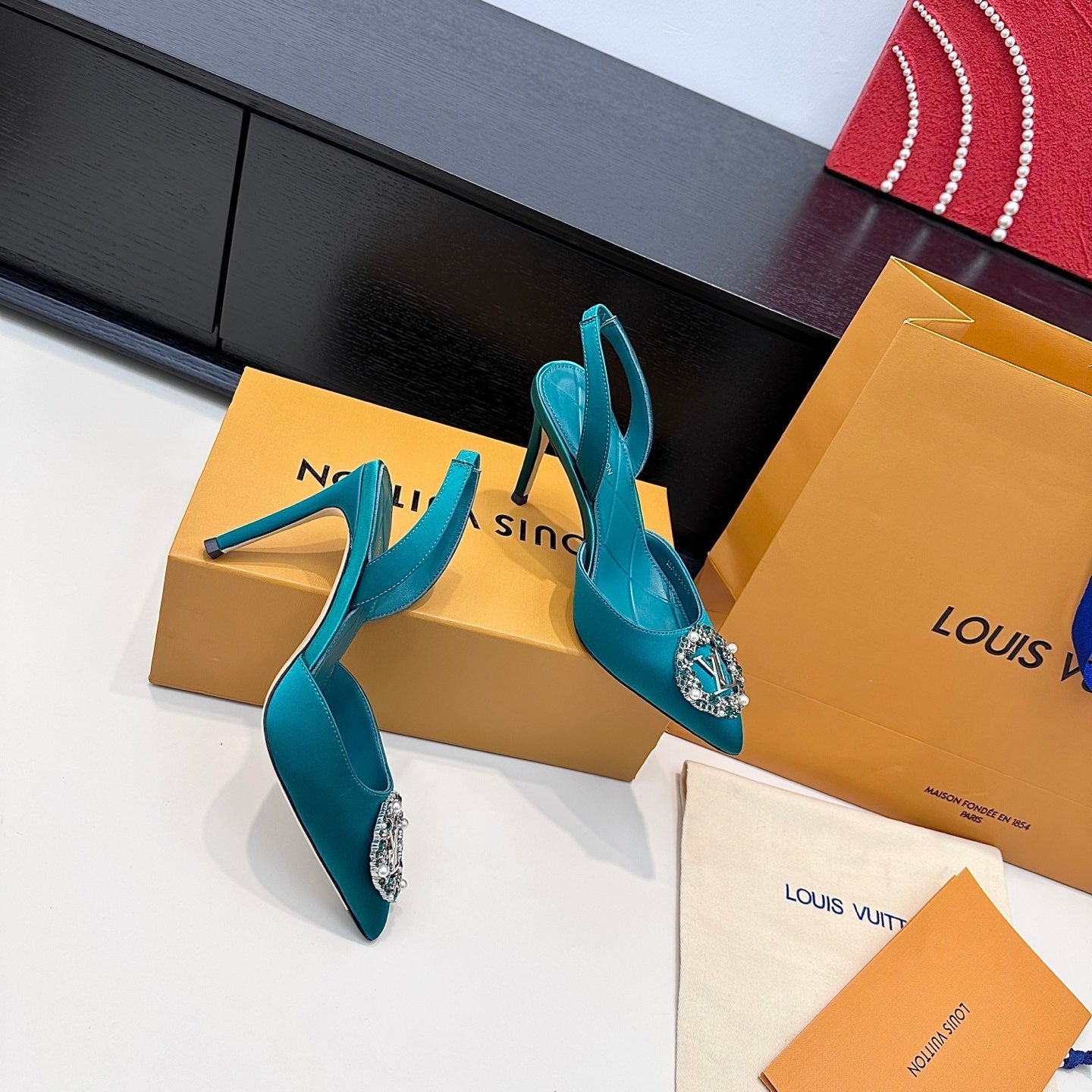 LV 26s  Slingback 95 Teal Blue Premium Satin 622441