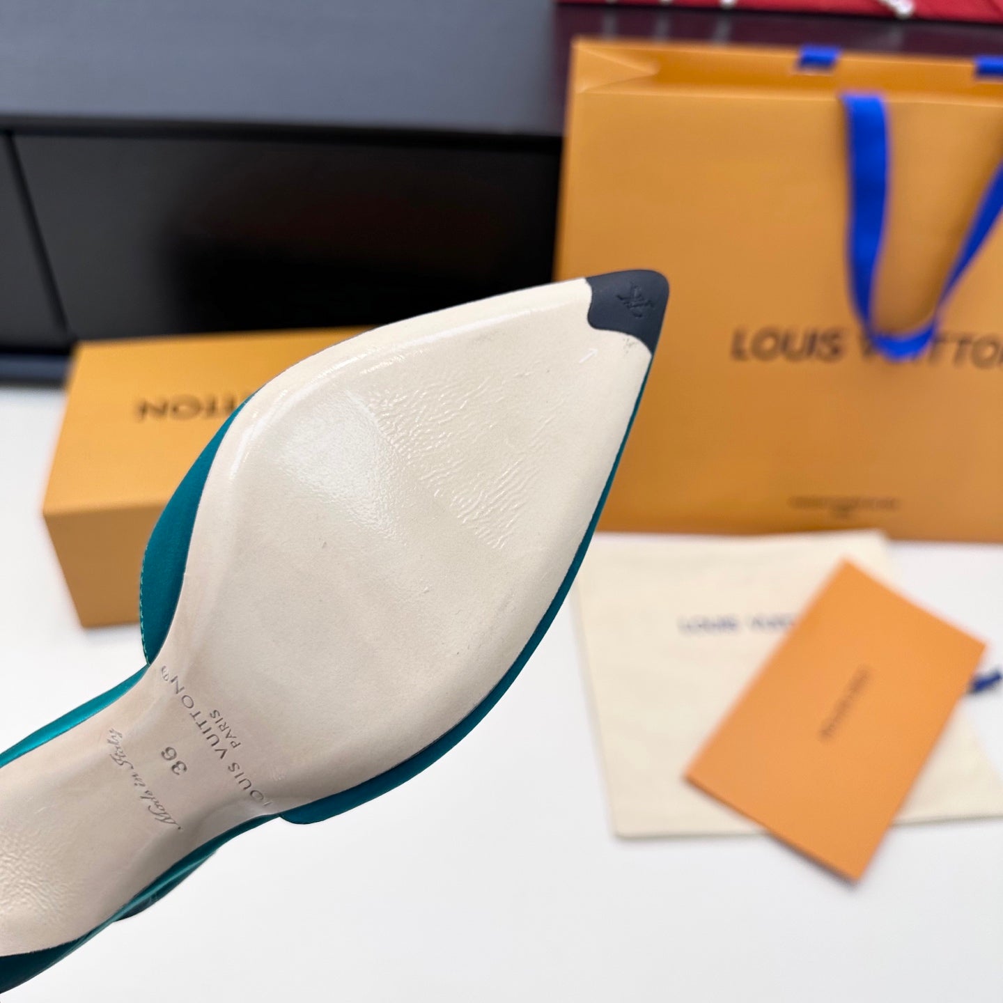 LV 26s  Slingback 95 Teal Blue Premium Satin 622441
