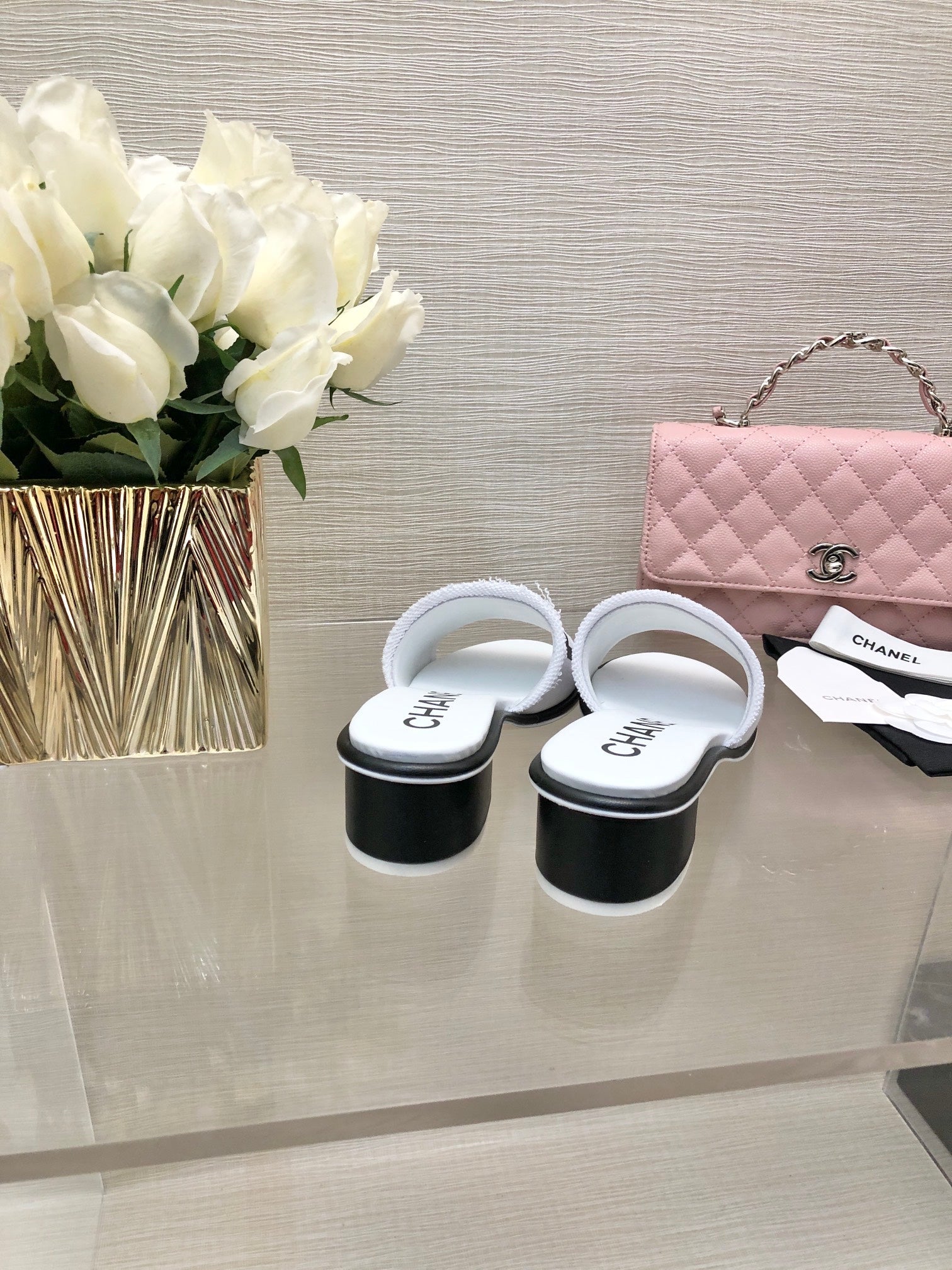 CC 25C Mid Heel Mule White Fabric Material 212959