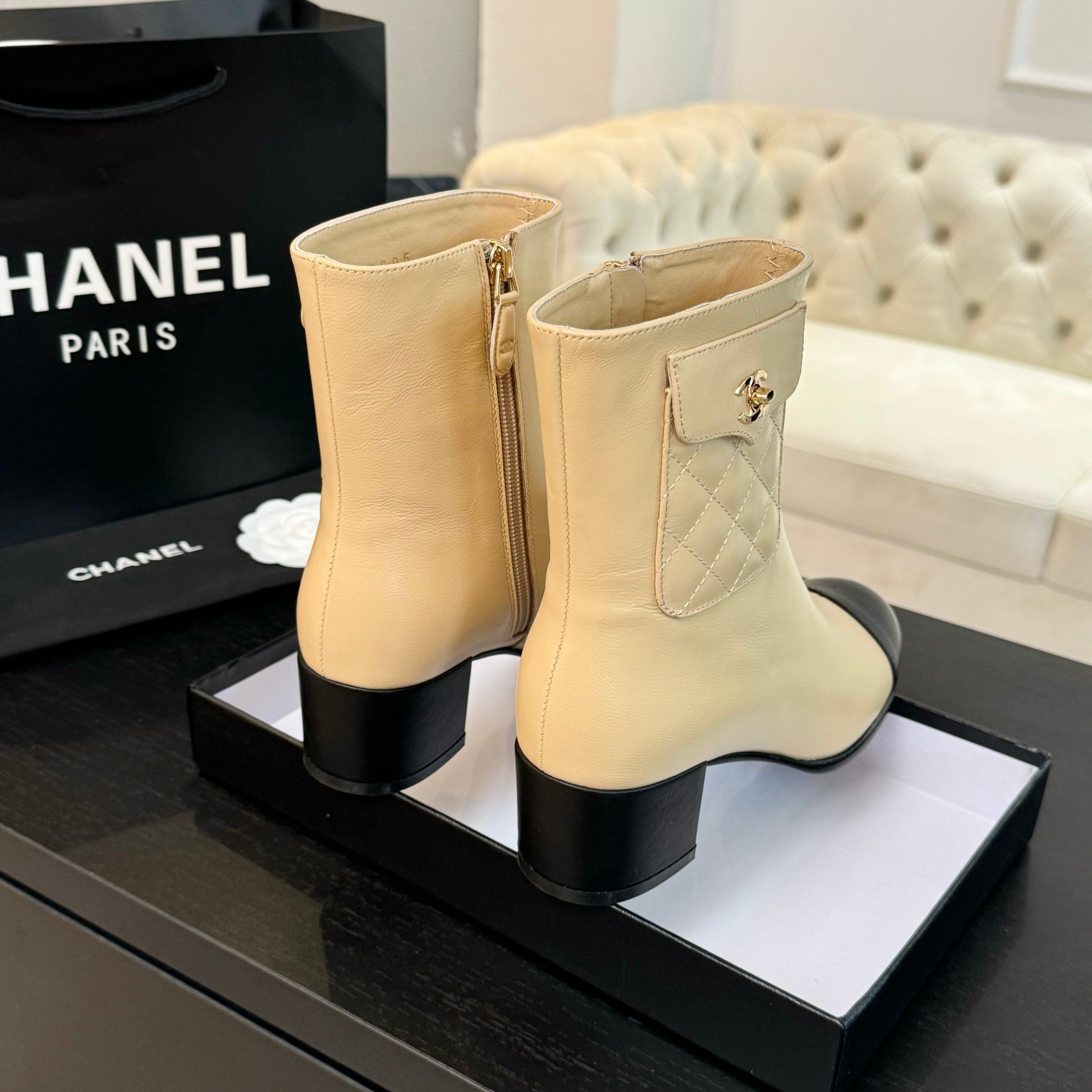 CC Ankle Boots 50mm Beige Black Lambskin